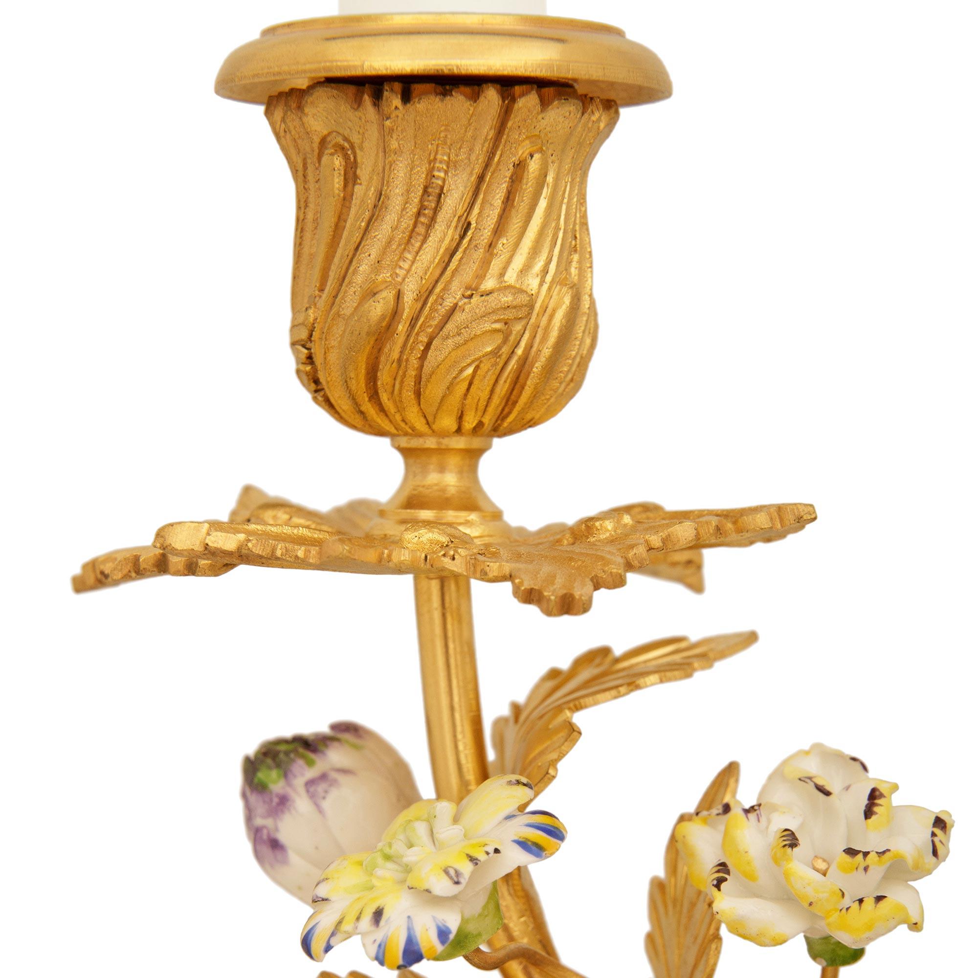 true pair of 19th century Louis XV st. Porcelain and Ormolu candlesticks For Sale 6