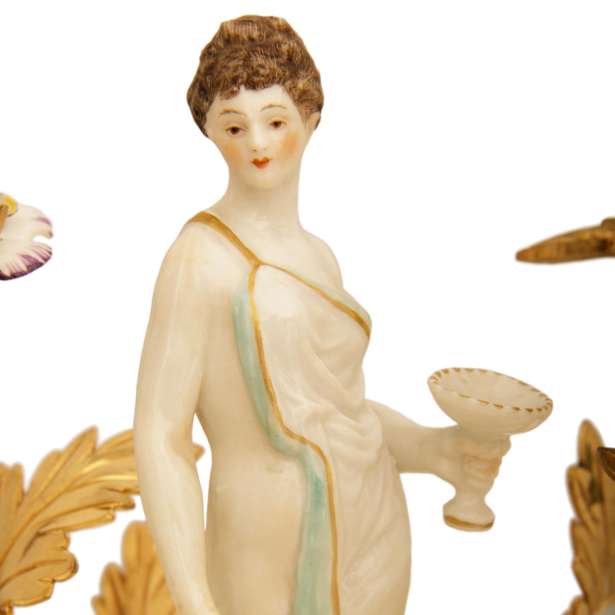 true pair of 19th century Louis XV st. Porcelain and Ormolu candlesticks For Sale 7