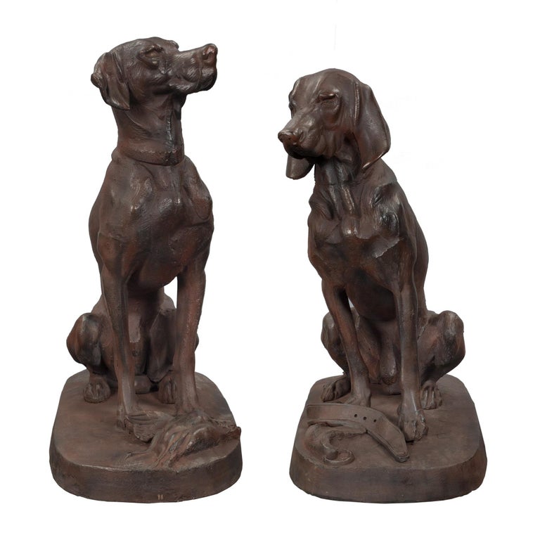 True Pair of Continental 19th Century Cast Iron Statues of Two Dogs For Sale at 1stdibs