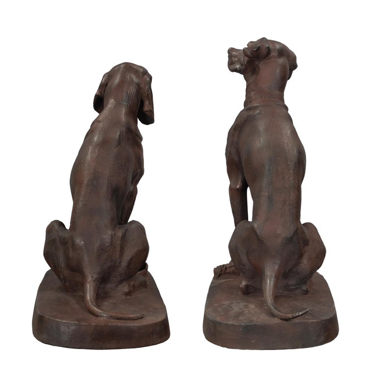 True Pair of Continental 19th Century Cast Iron Statues of Two Dogs For Sale at 1stdibs
