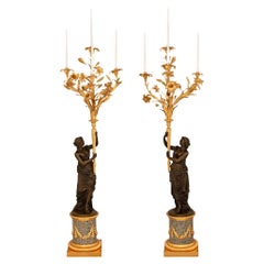 Antique true pair of Continental 19th century Granite, Ormolu and Bronze candelabras