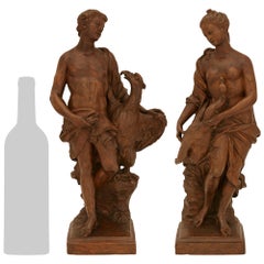 verdadero par de estatuas flamencas de terracota de finales del siglo XVII de Leda y Ganímedes