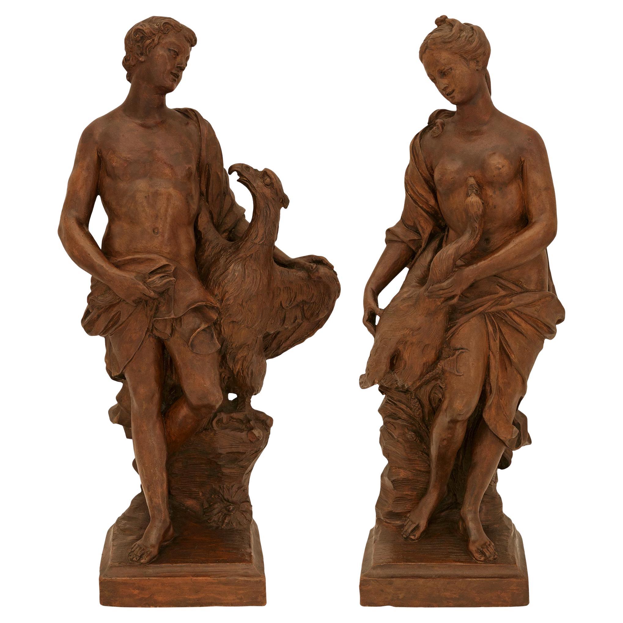 vera coppia di statue in terracotta fiamminghe della fine del XVII secolo raffiguranti Leda e Ganimede