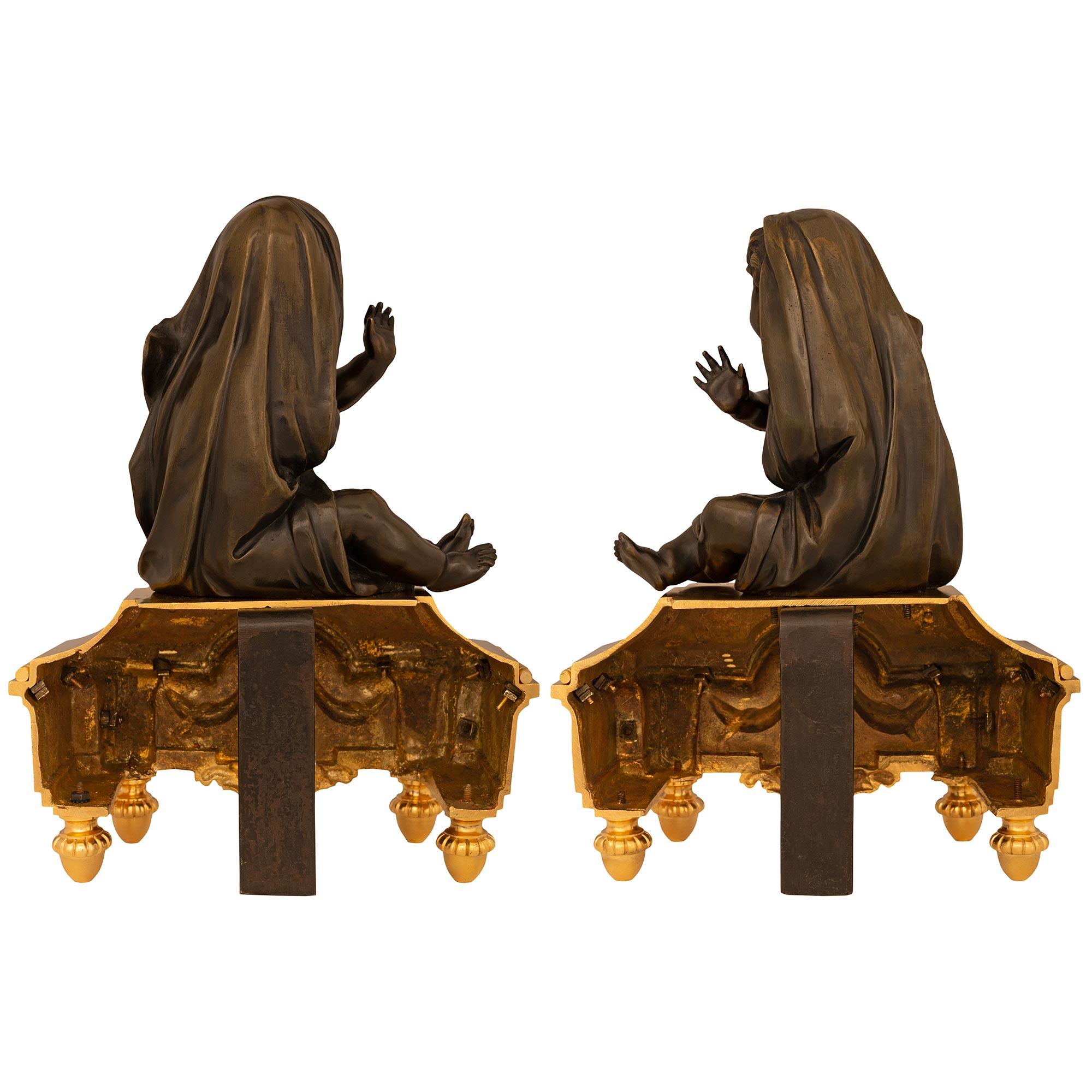 True Pair Of French 19th c. Louis XVI St. Ormolu & Patinated Bronze Andirons For Sale 6