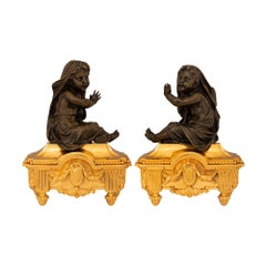 True Pair Of French 19th c. Louis XVI St. Ormolu & Patinated Bronze Andirons