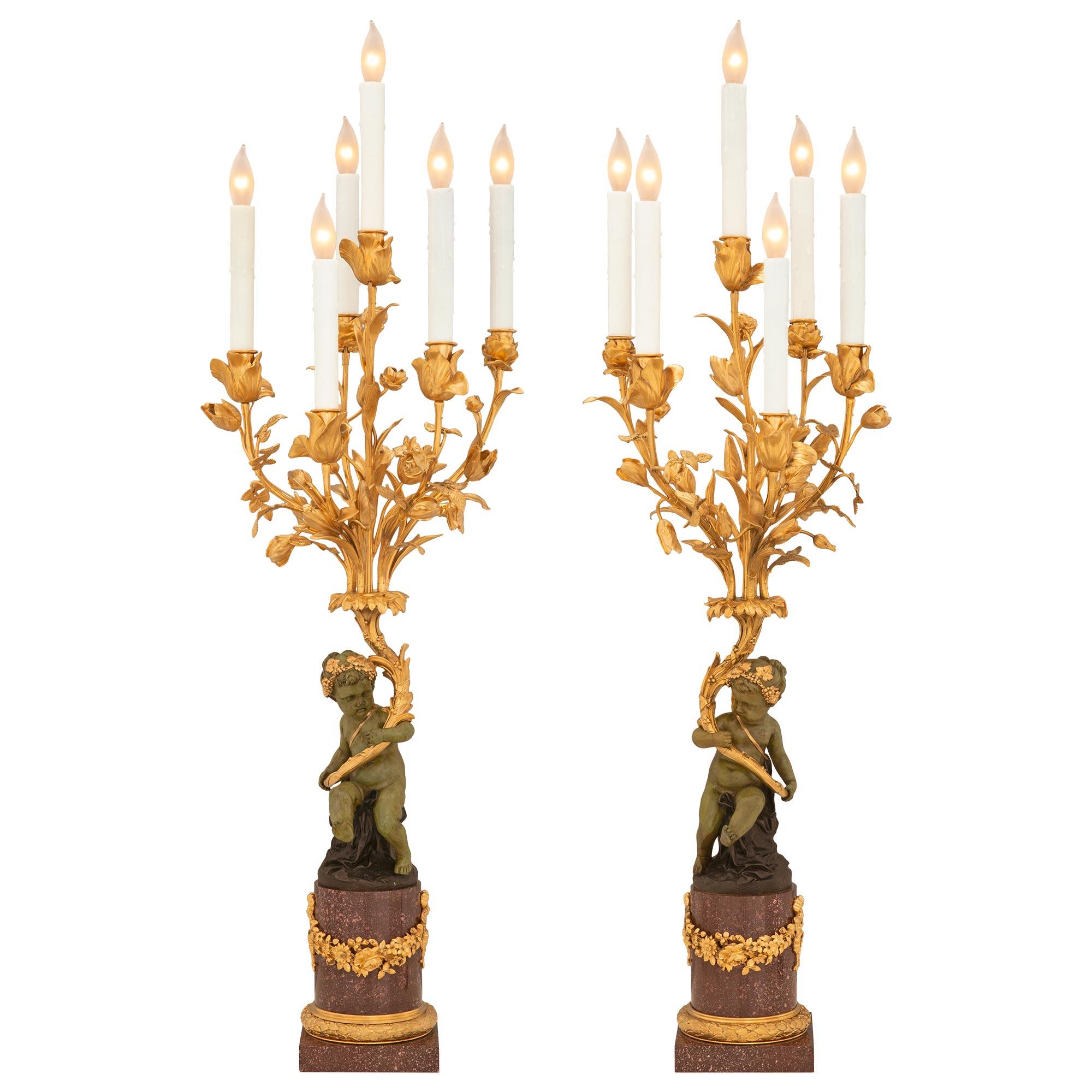 True Pair of French 19th Century Belle Époque Period Bronze & Porphyry Lamps For Sale 7