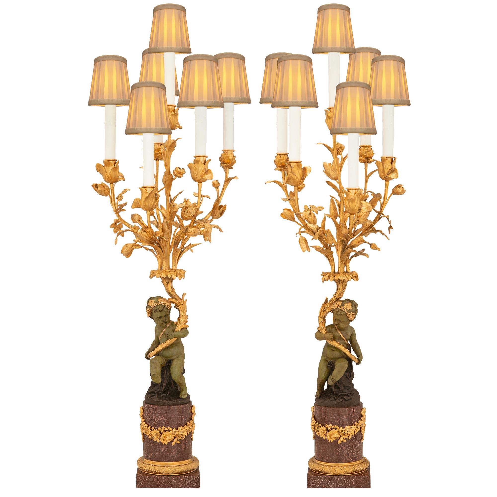 True Pair of French 19th Century Belle Époque Period Bronze & Porphyry Lamps For Sale 8