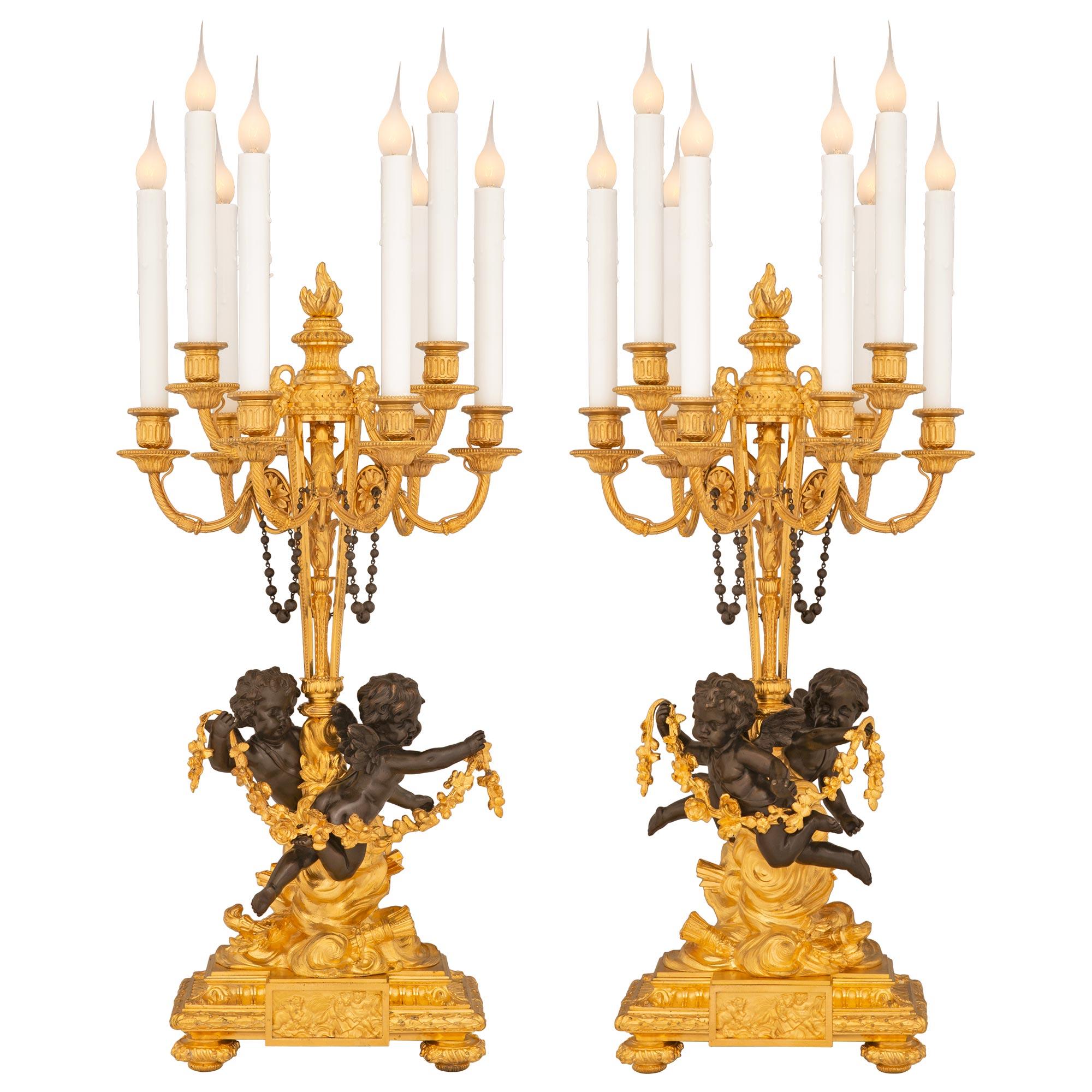 True Pair of French 19th Century Belle Époque Period Ormolu Candelabra Lamps For Sale 6
