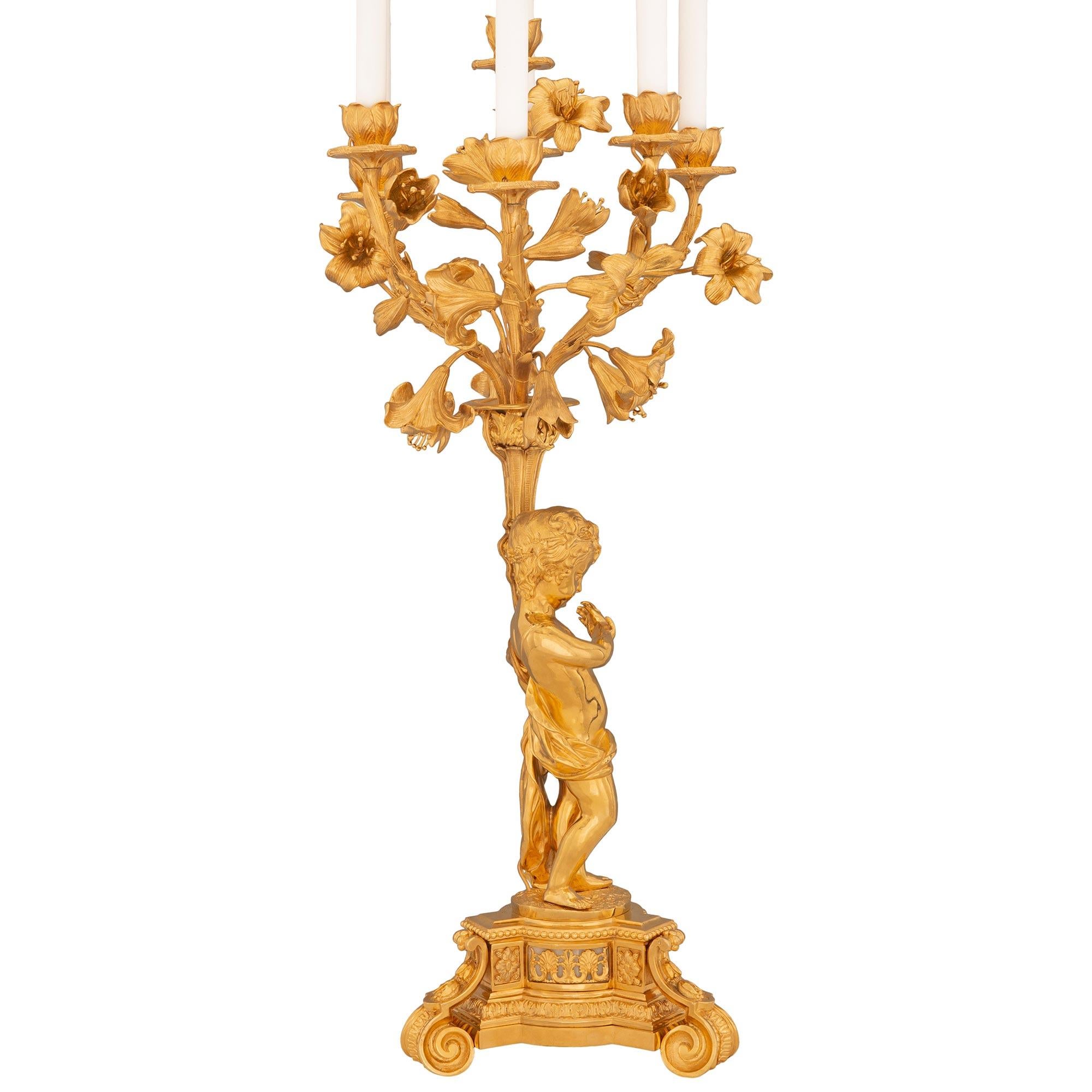 Louis XVI True Pair of French 19th Century Belle Époque Period Ormolu Candelabra Lamps For Sale
