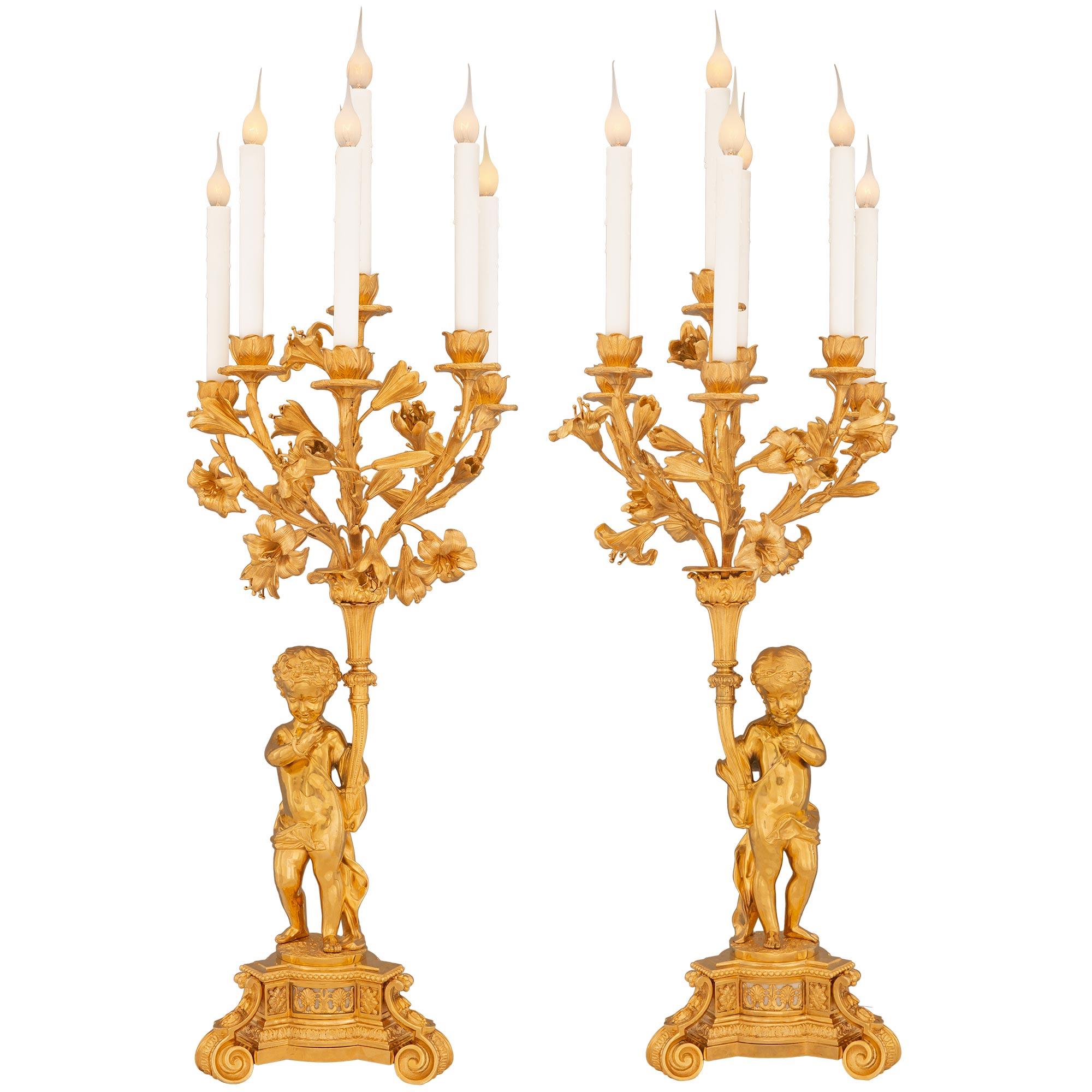 True Pair of French 19th Century Belle Époque Period Ormolu Candelabra Lamps For Sale 5