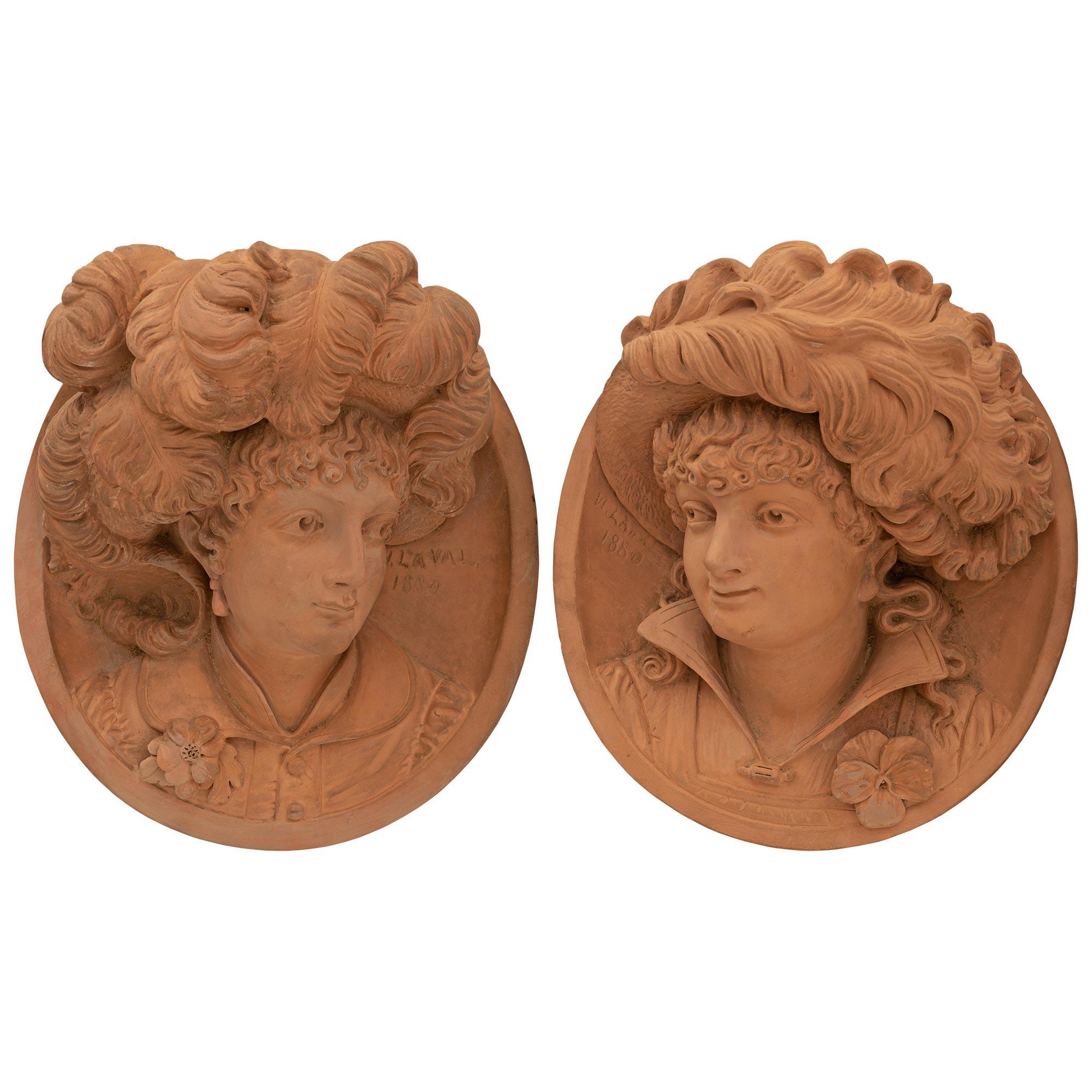 True Pair of French 19th Century Belle Époque Period Terra Cotta Wall Plaques For Sale 5