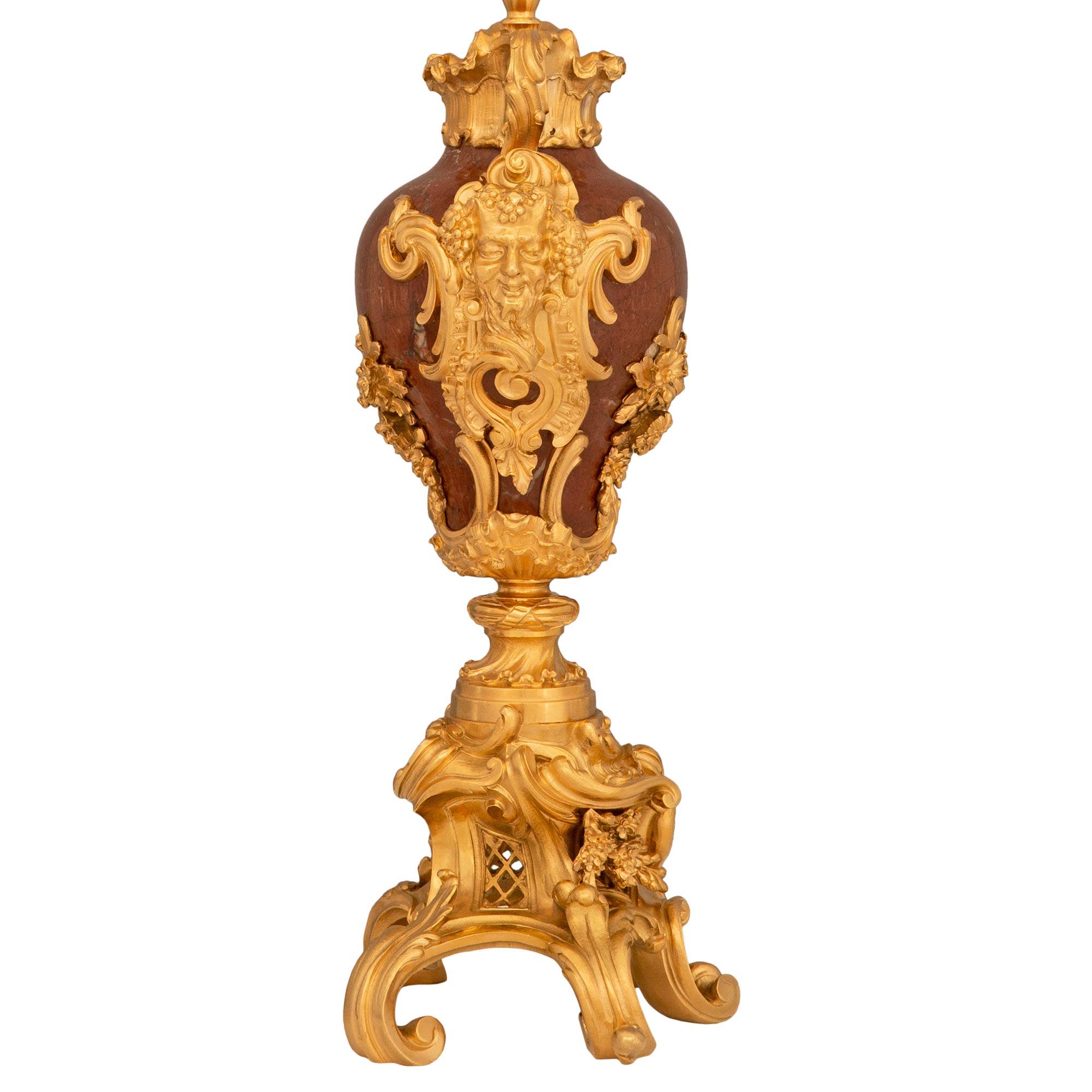 True Pair Of French 19th Century Louis XV St. Rosso Antico And Ormolu Lamps For Sale 1