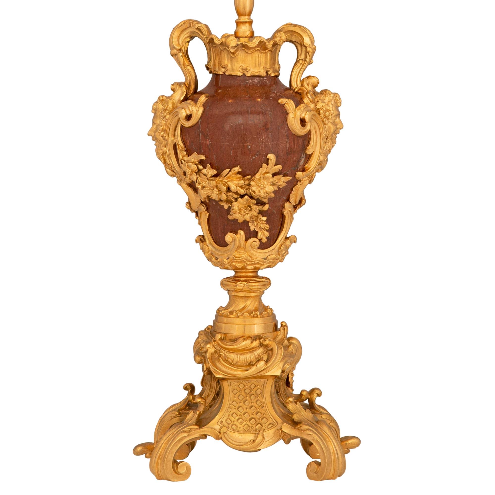 True Pair Of French 19th Century Louis XV St. Rosso Antico And Ormolu Lamps For Sale 2