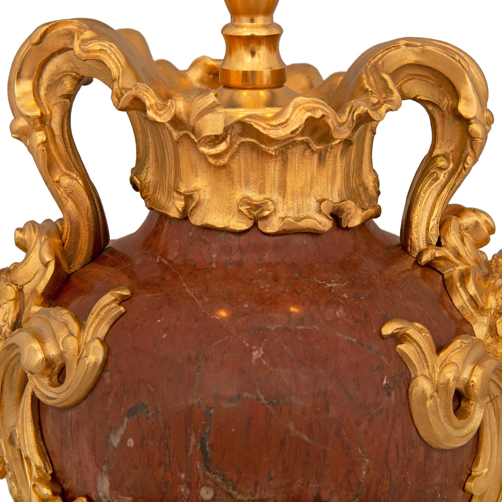 True Pair Of French 19th Century Louis XV St. Rosso Antico And Ormolu Lamps For Sale 3