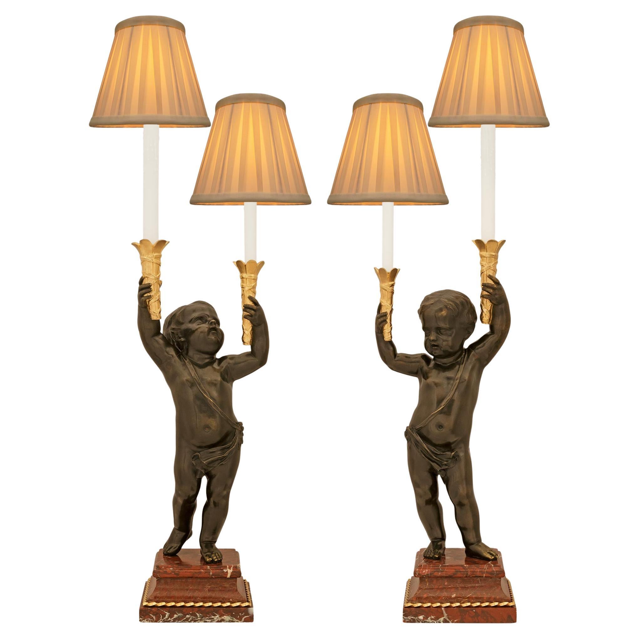 true pair of French 19th century Louis XVI st. Bronze, Ormolu, Marble lamps