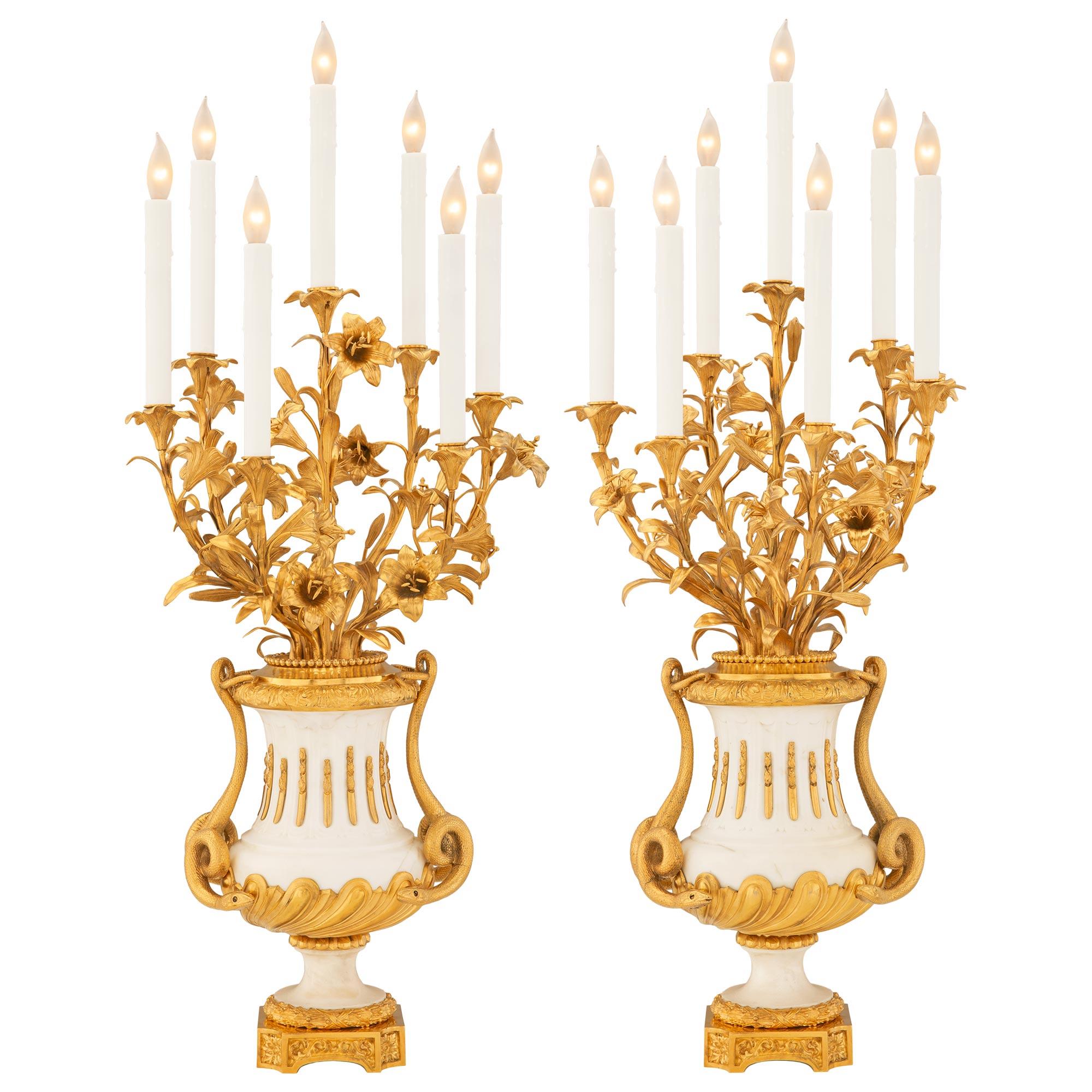 True Pair of French 19th Century Louis XVI St. Marble & Ormolu Candelabra Lamps For Sale 7