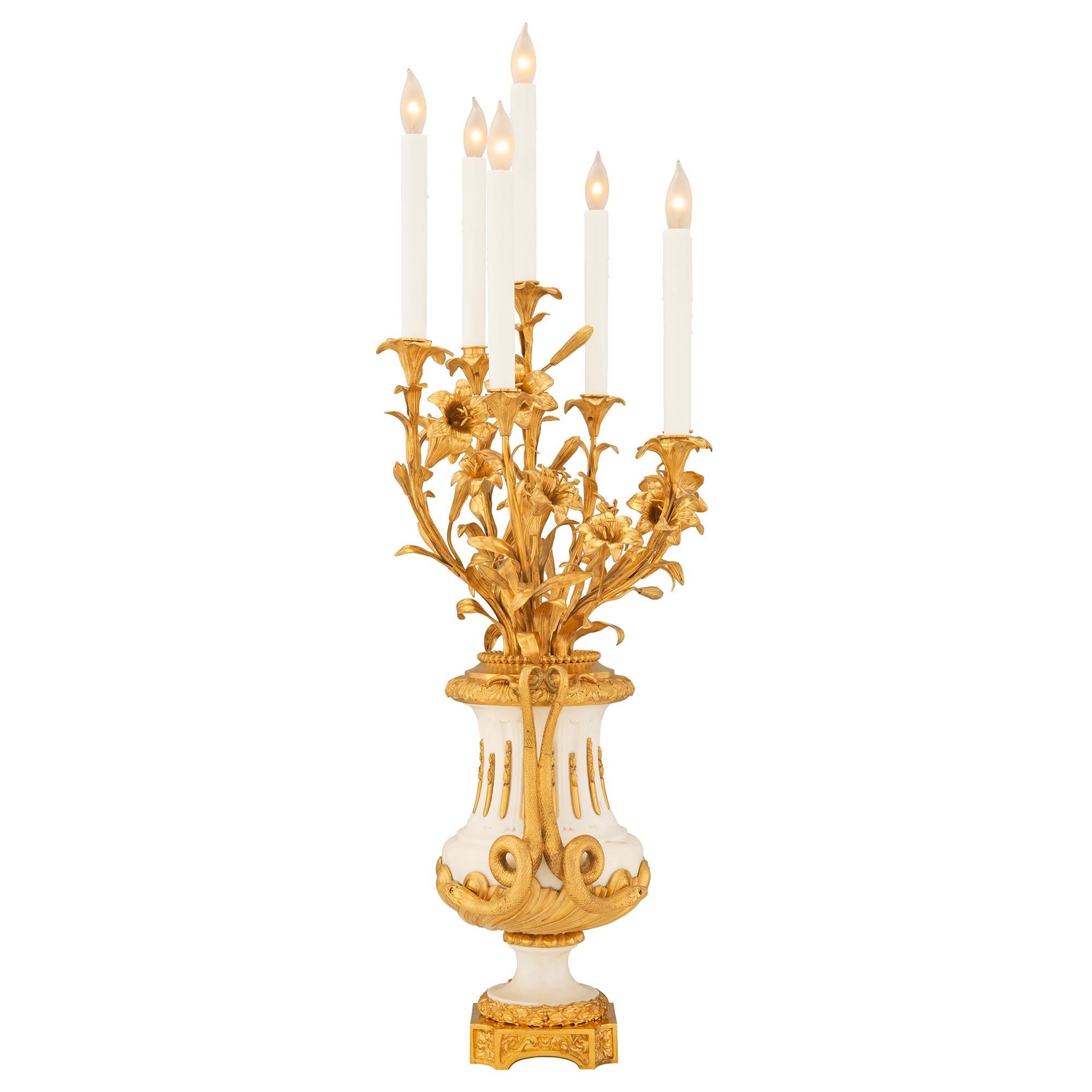 True Pair of French 19th Century Louis XVI St. Marble & Ormolu Candelabra Lamps In Good Condition For Sale In West Palm Beach, FL