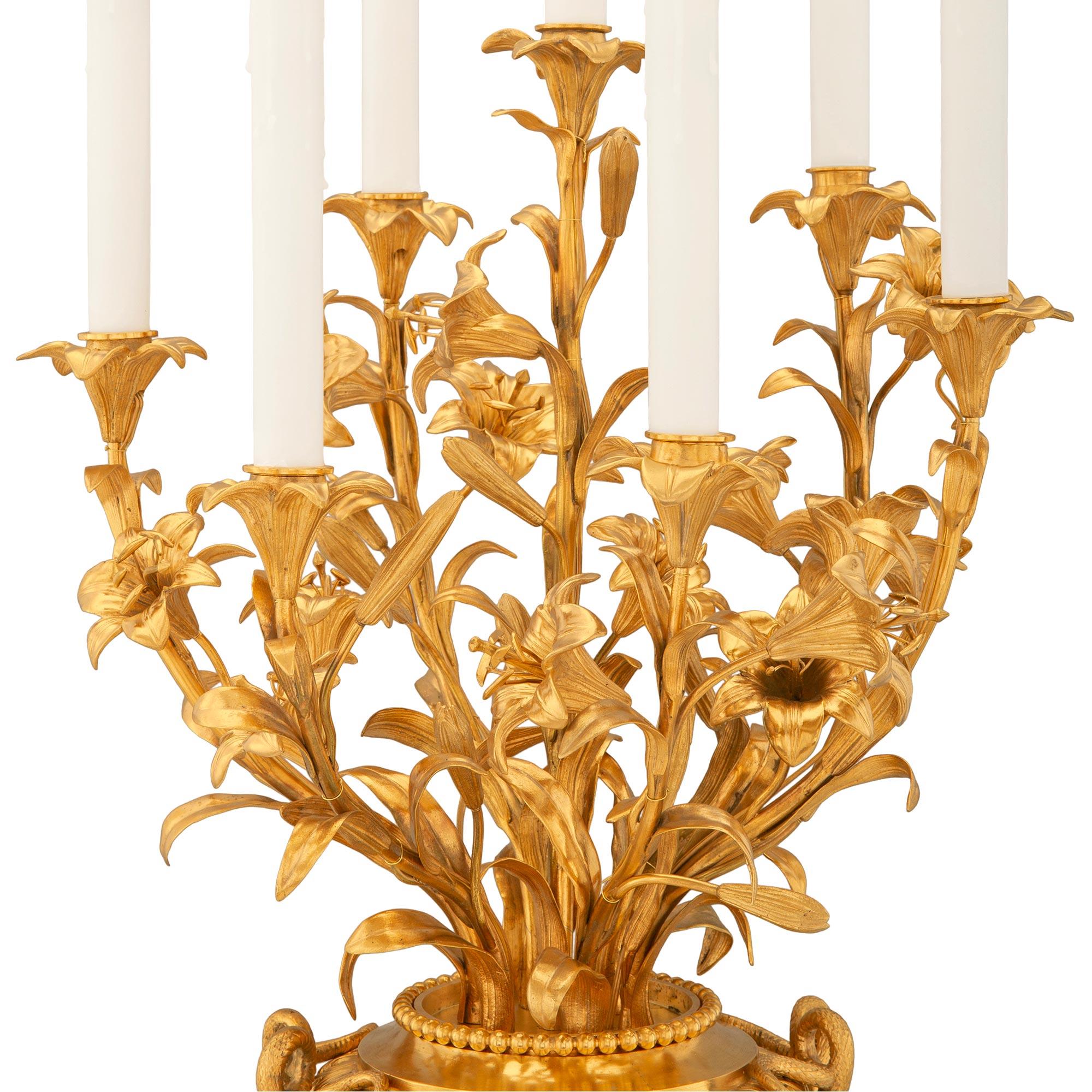 True Pair of French 19th Century Louis XVI St. Marble & Ormolu Candelabra Lamps For Sale 1