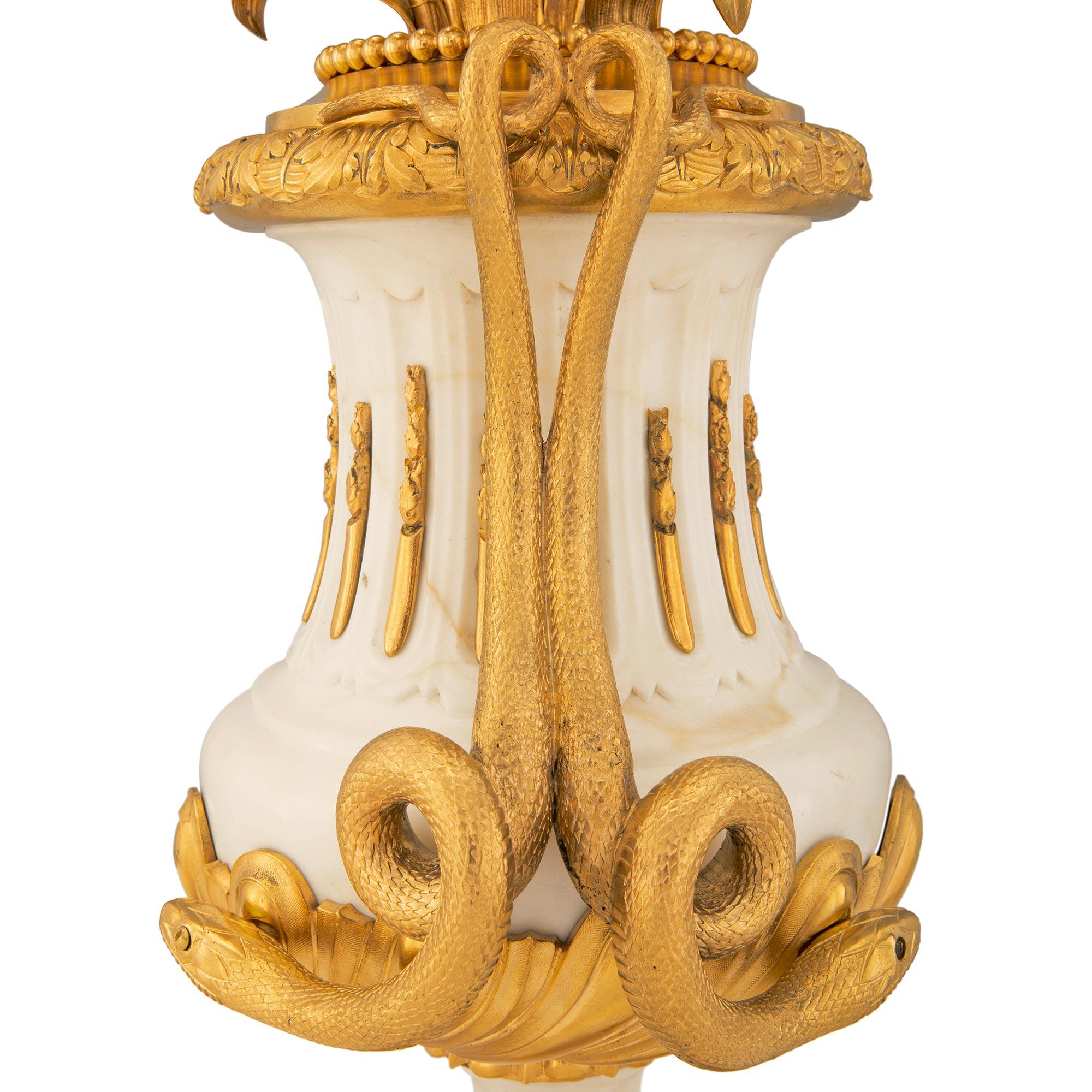 True Pair of French 19th Century Louis XVI St. Marble & Ormolu Candelabra Lamps For Sale 3