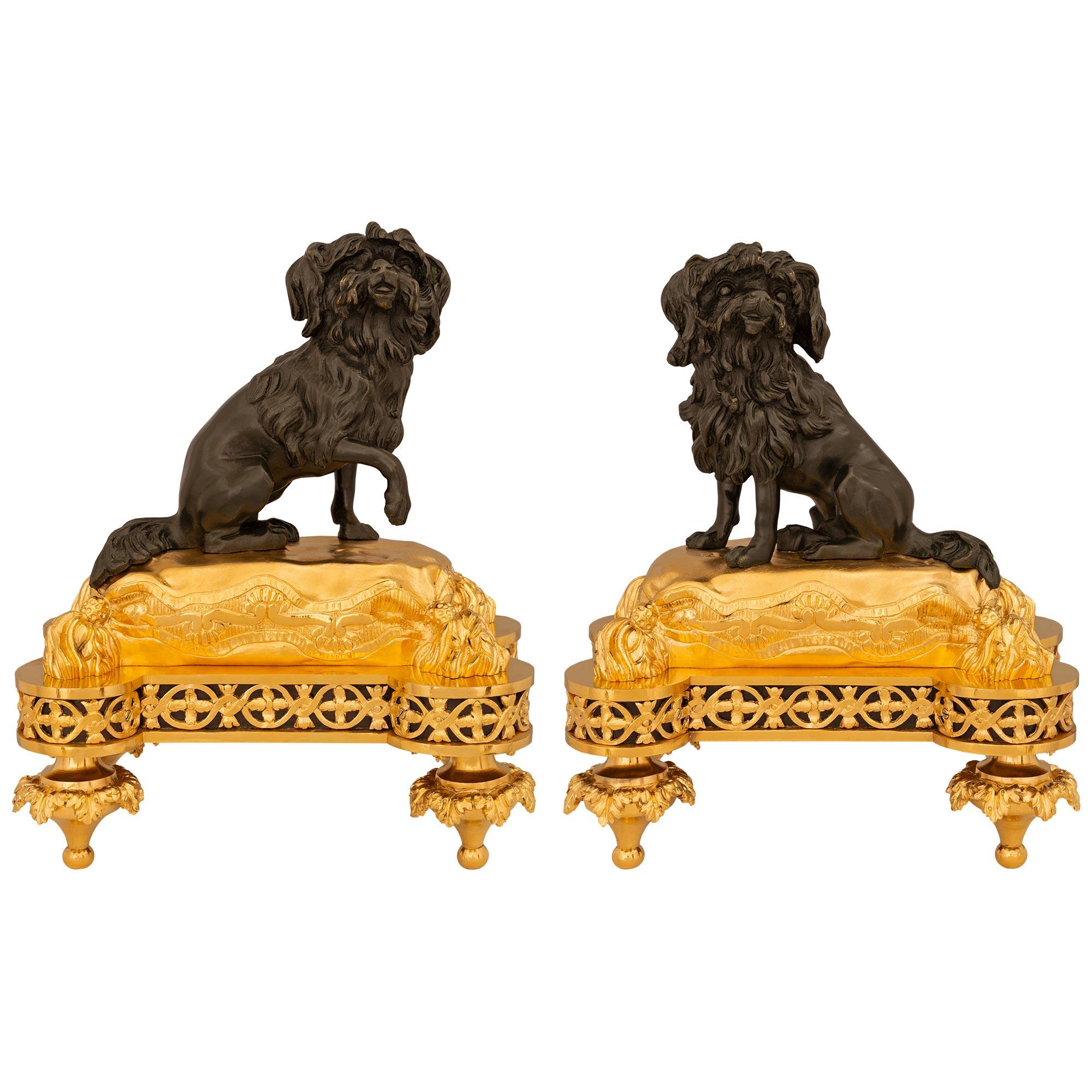 True Pair Of French 19th Century Louis XVI St. Ormolu And Bronze Andirons For Sale 6