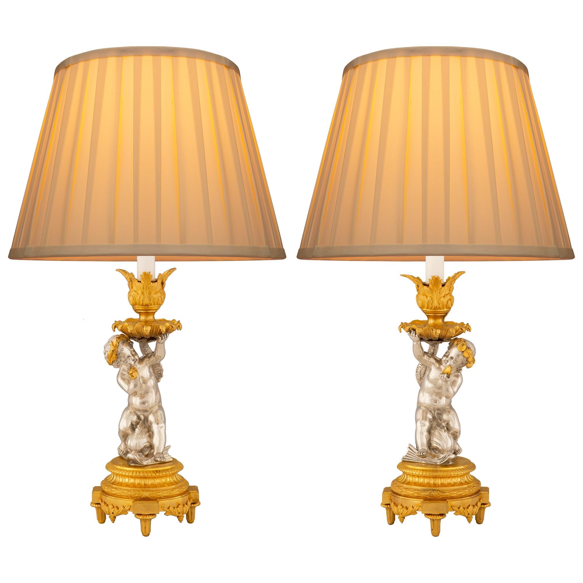 True Pair Of French 19th Century Louis XVI St. Ormolu And Silvered Bronze Lamps 6