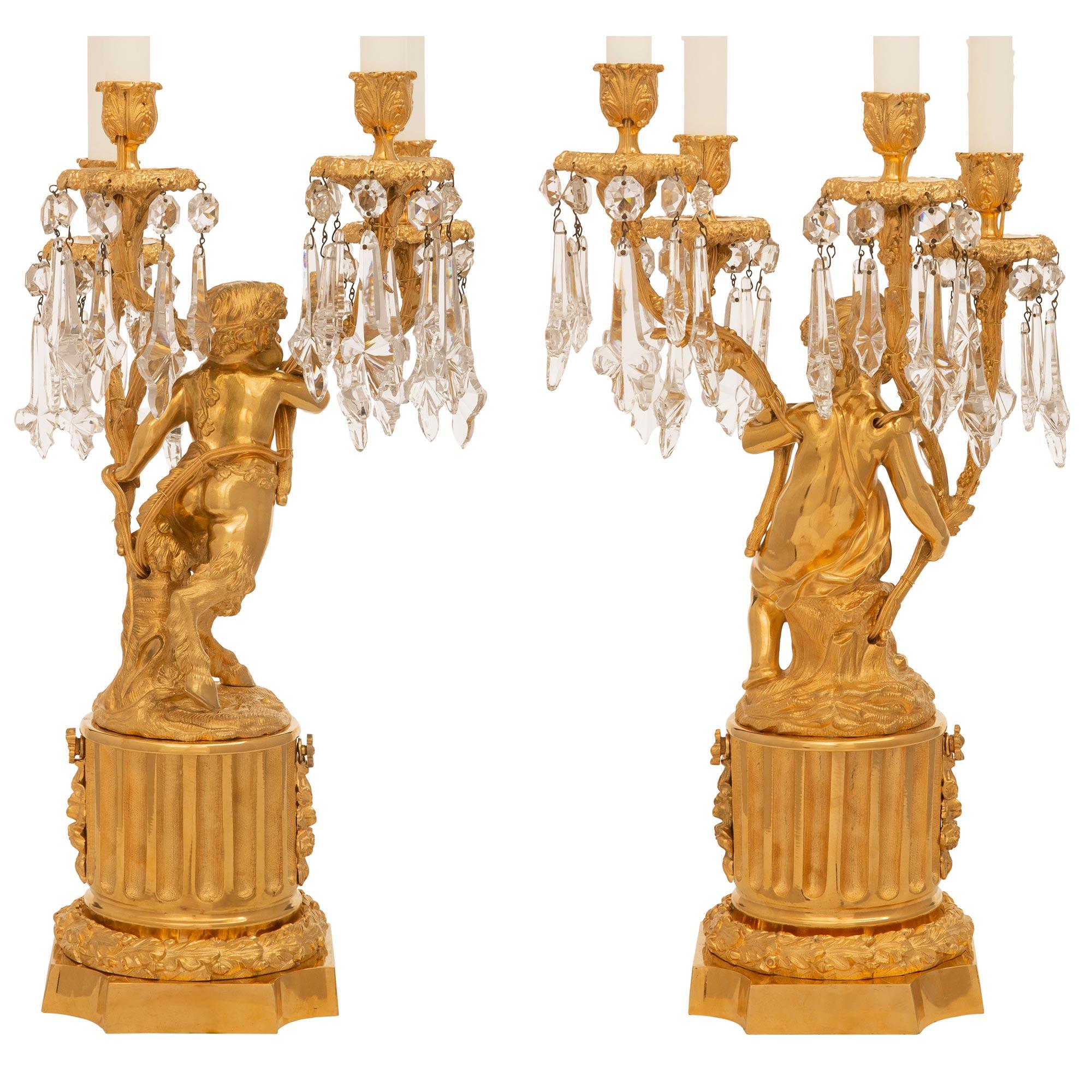 True Pair Of French 19th Century Louis XVI St. Ormolu & Crystal Candelabra Lamps For Sale 5