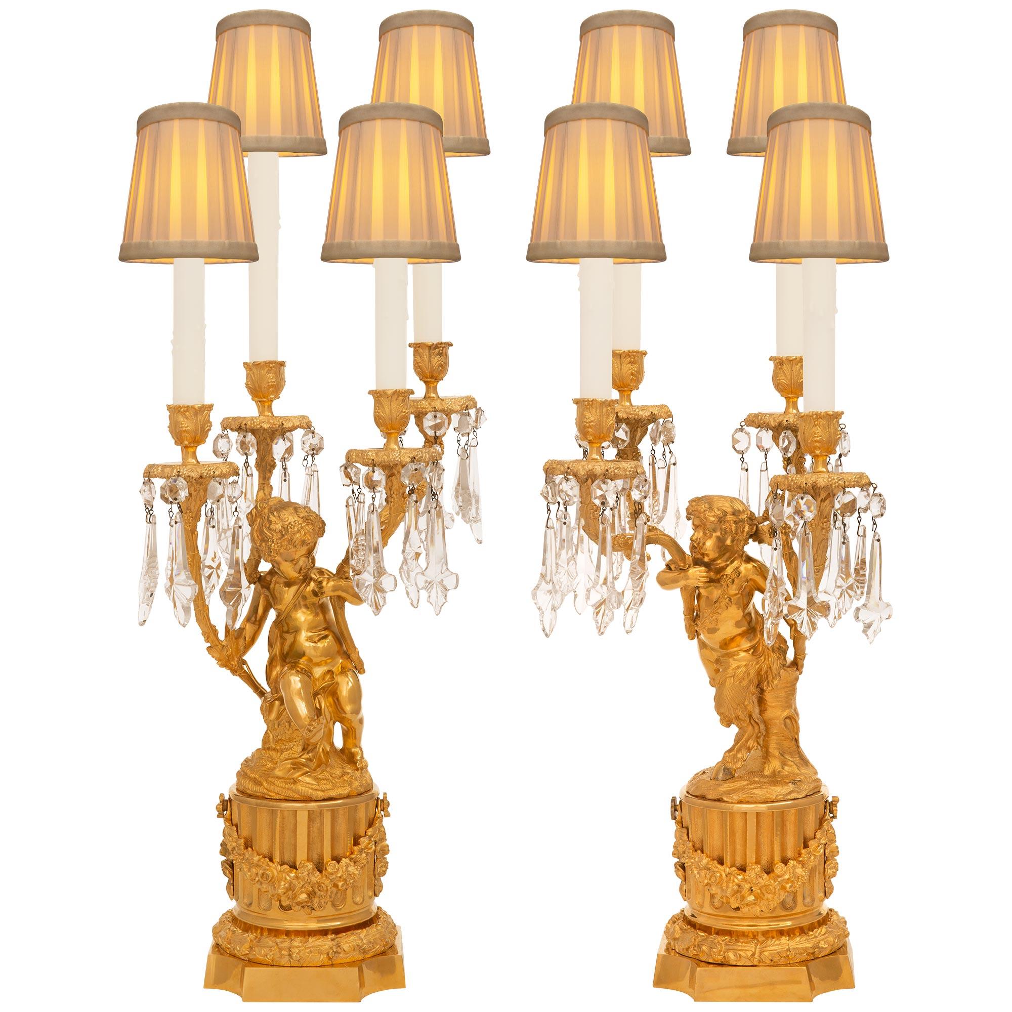 True Pair Of French 19th Century Louis XVI St. Ormolu & Crystal Candelabra Lamps For Sale 6