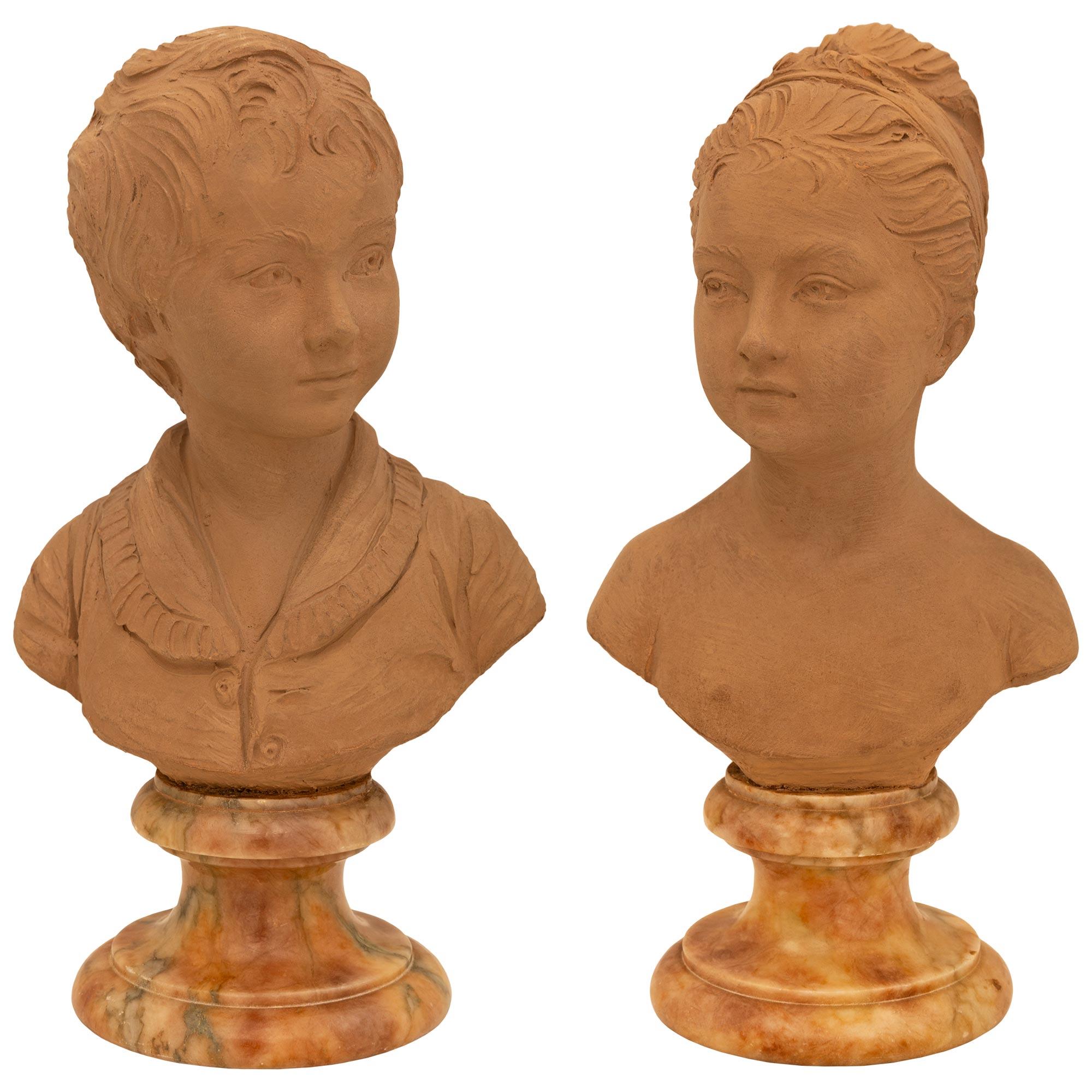 True Pair Of French 19th Century Louis XVI St. Terra Cotta & Marble Busts For Sale 6