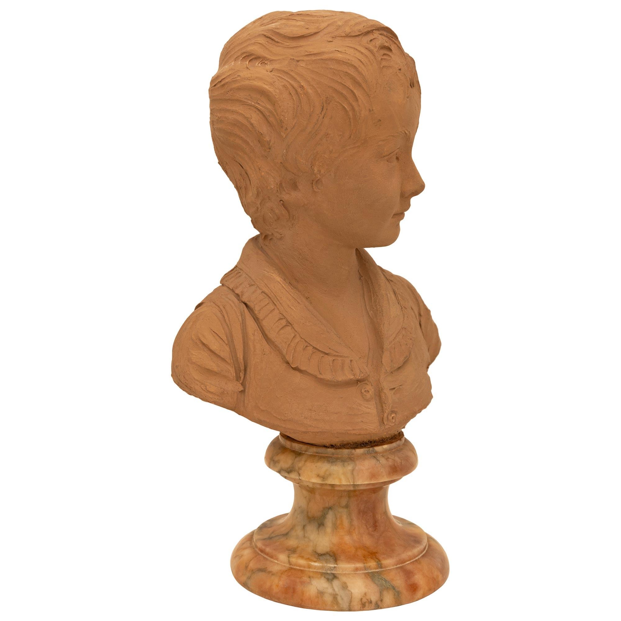 True Pair Of French 19th Century Louis XVI St. Terra Cotta & Marble Busts In Good Condition For Sale In West Palm Beach, FL