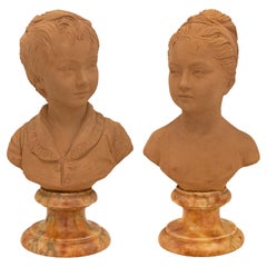 Vera coppia di busti in terracotta e marmo Luigi XVI del 19° secolo