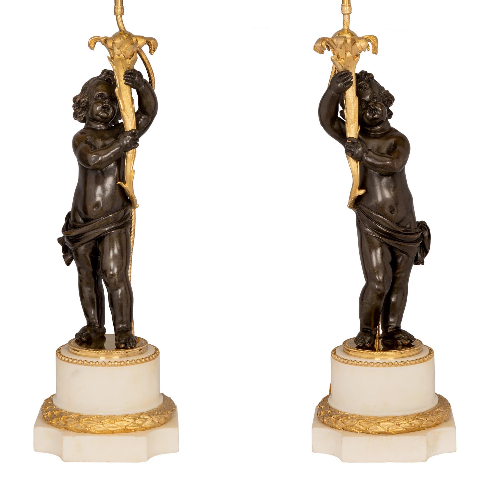True Pair of French 19th Century Louis XVI Style Bronze and Ormolu Lamps For Sale 5