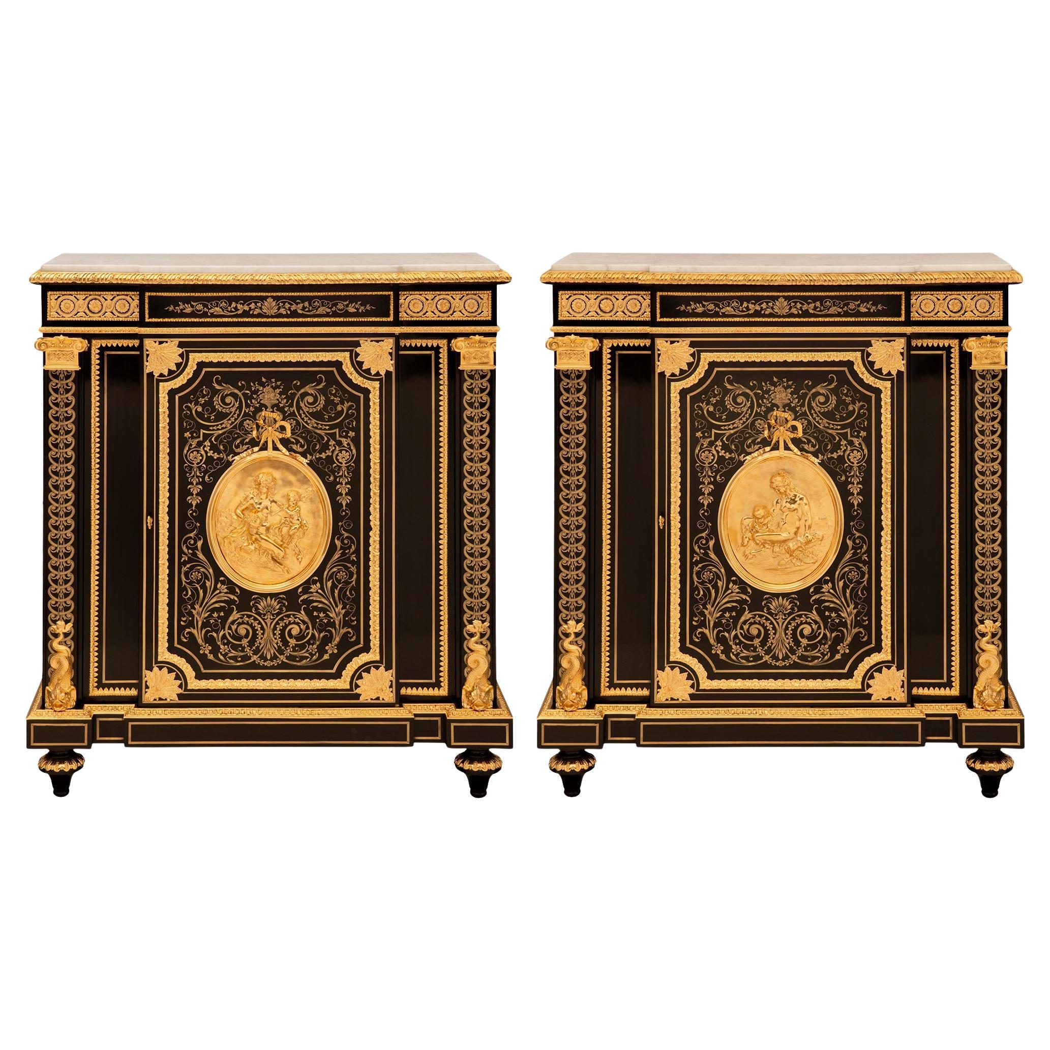 true pair of French 19th century Napoleon III period Ebony and Ormolu cabinets