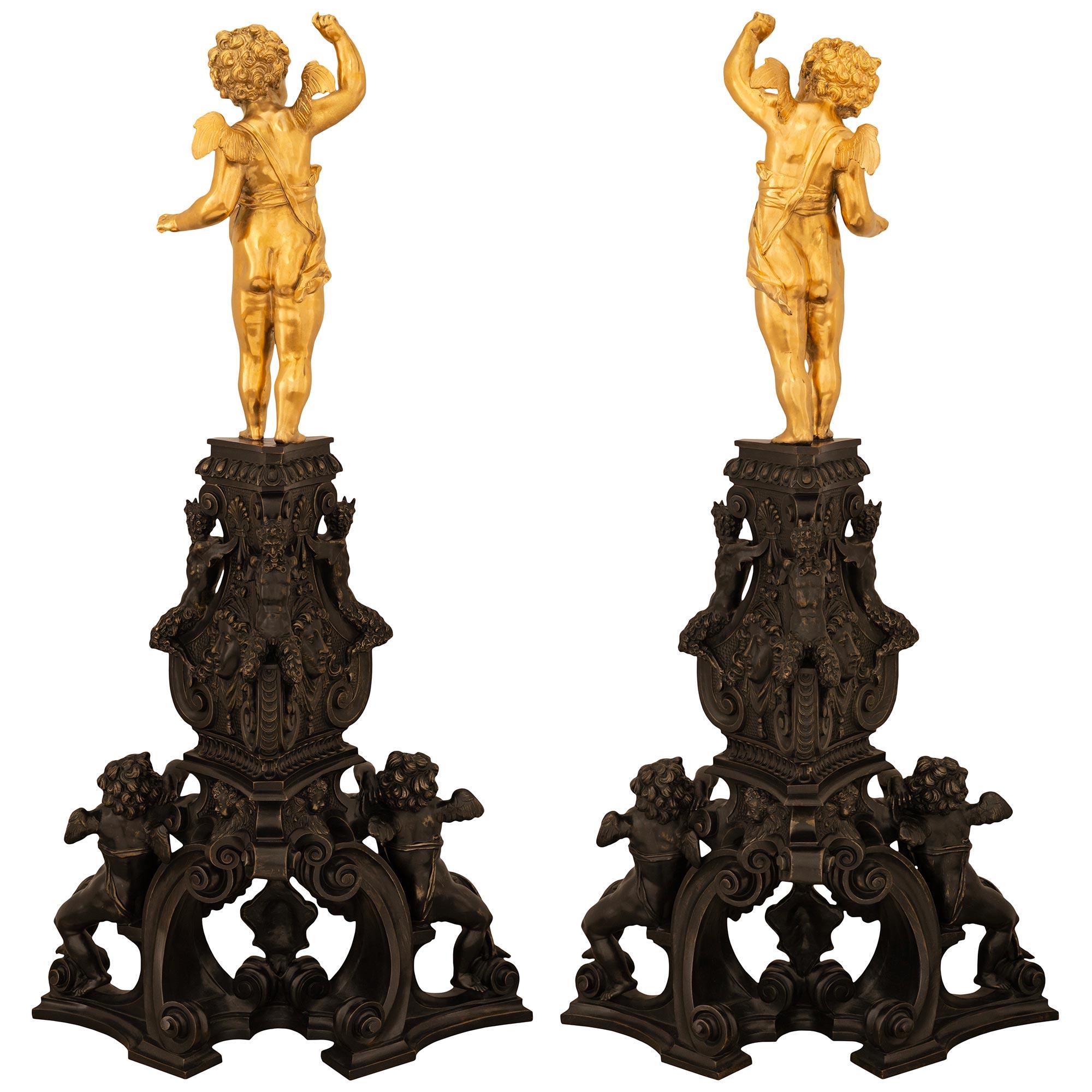 True Pair Of French 19th Century Napoleon III Period Ormolu & Bronze Andirons For Sale 7