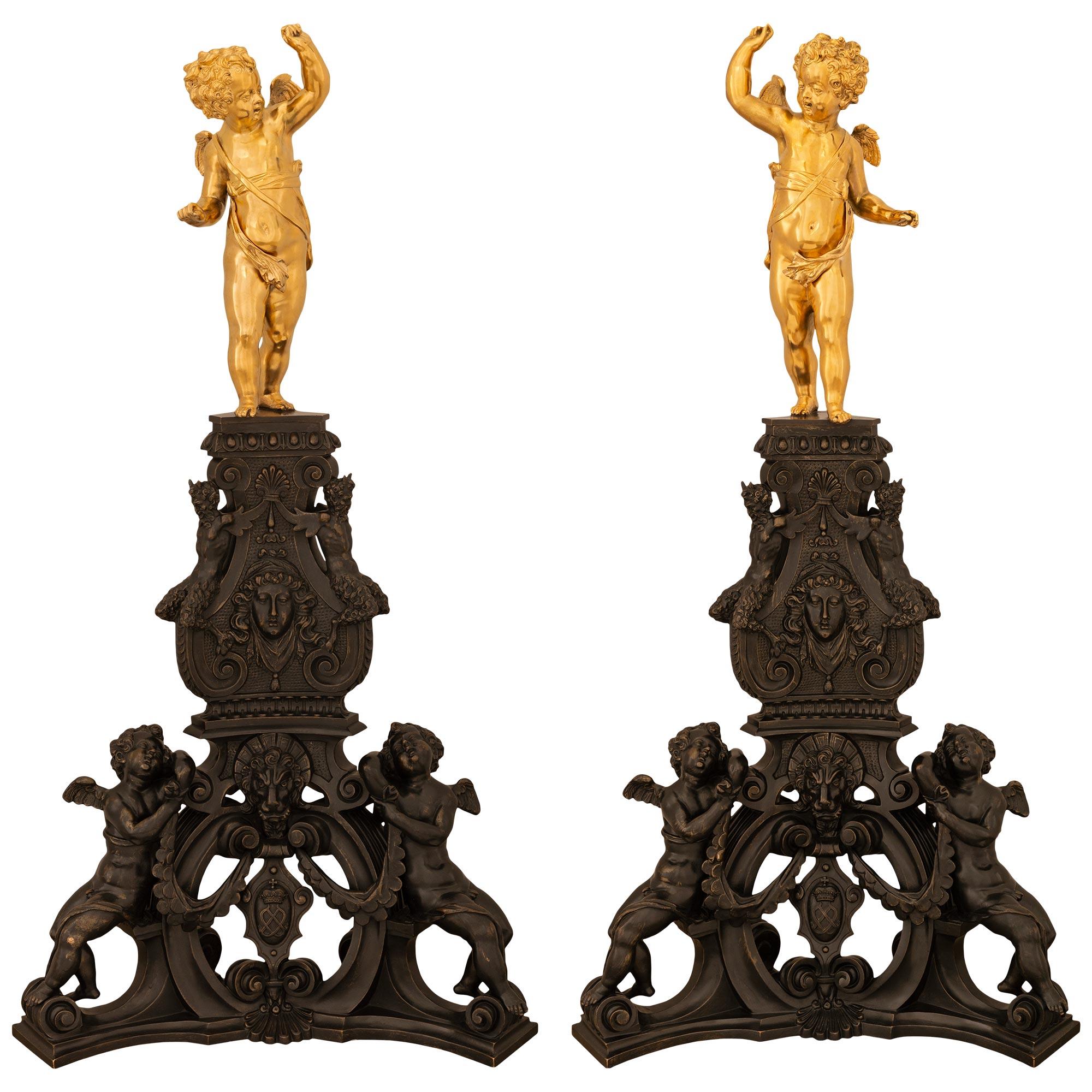 True Pair Of French 19th Century Napoleon III Period Ormolu & Bronze Andirons For Sale 8