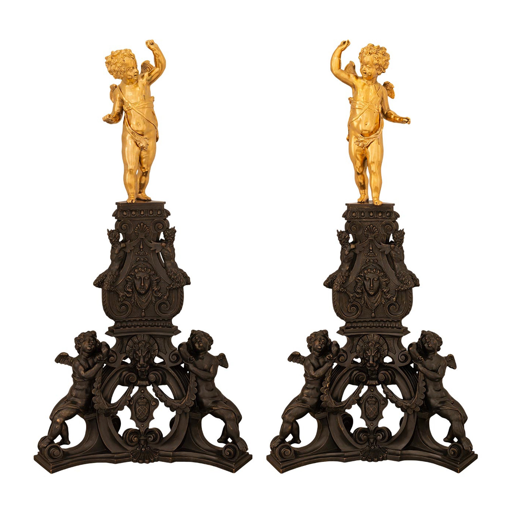 Par Verdadero De Ormolu Y Bronce Del Período Napoleón III Del Siglo XIX Francés Andirons en venta