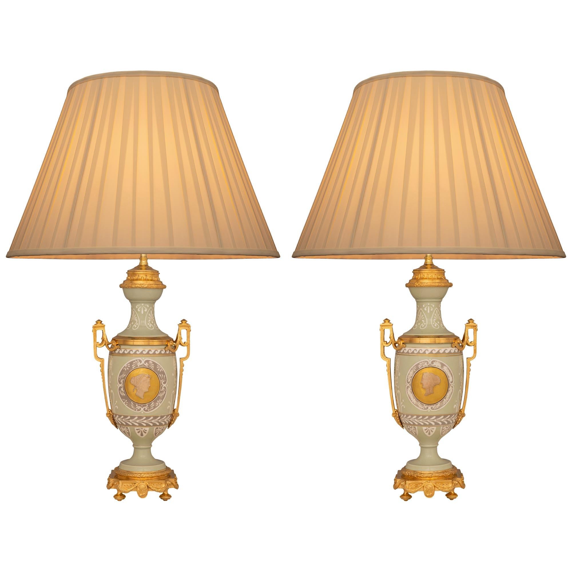 True Pair Of French 19th Century Neo-Classical St. Celadon And Ormolu Lamps For Sale 5