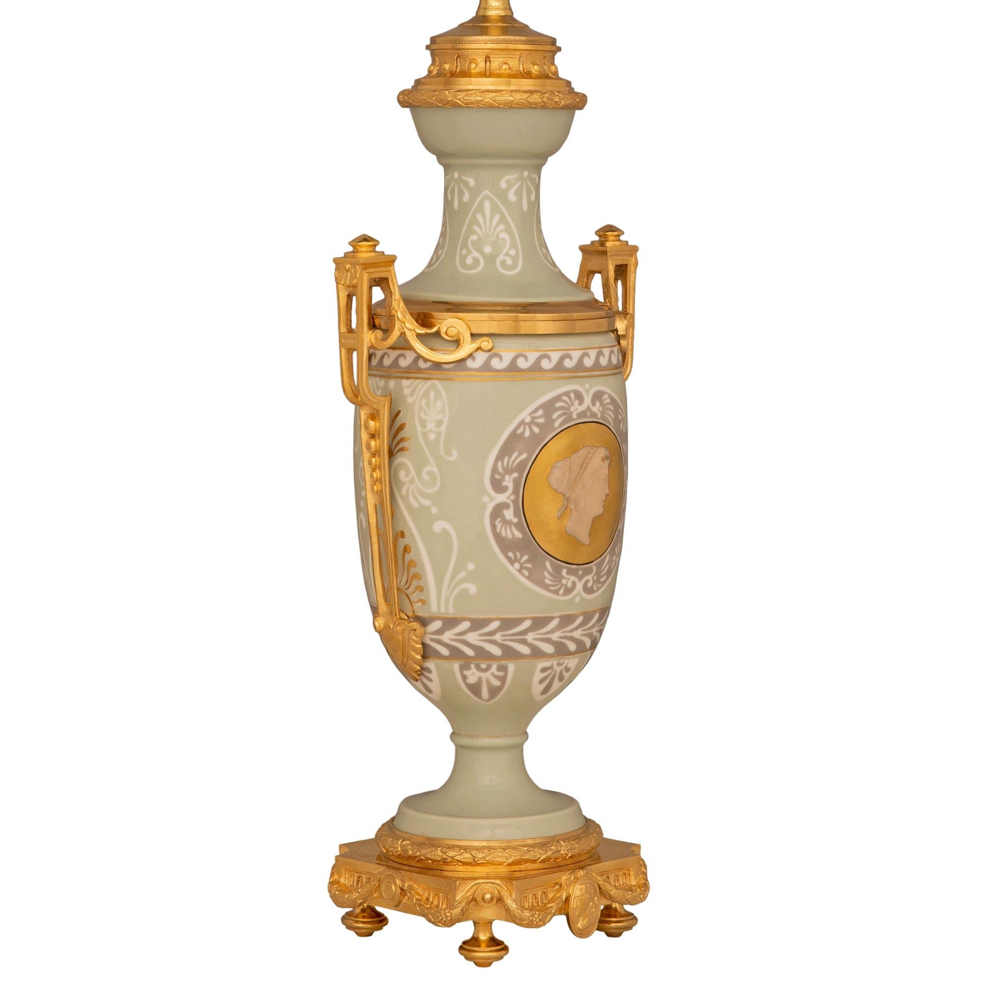 Neoclassical True Pair Of French 19th Century Neo-Classical St. Celadon And Ormolu Lamps For Sale