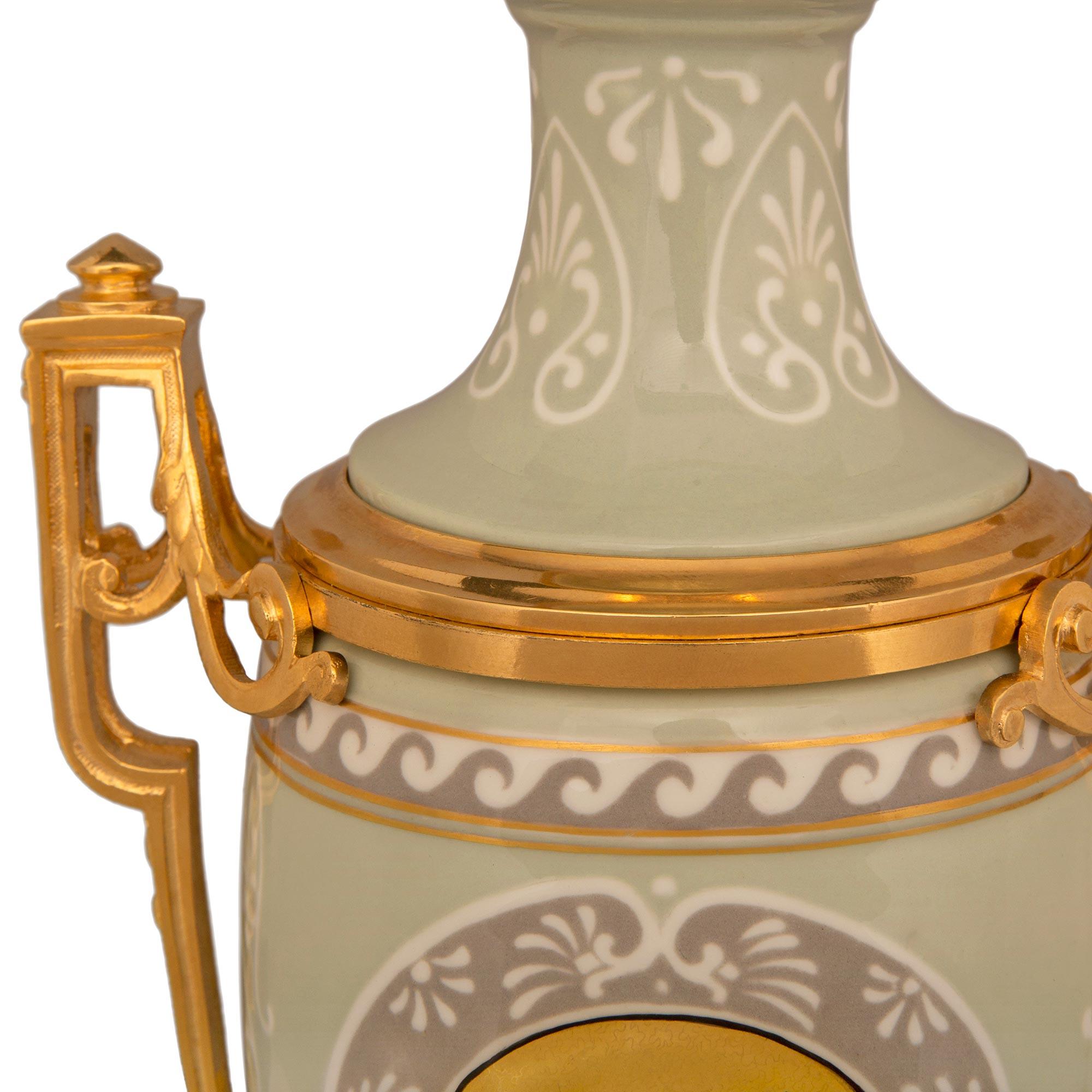 True Pair Of French 19th Century Neo-Classical St. Celadon And Ormolu Lamps For Sale 1