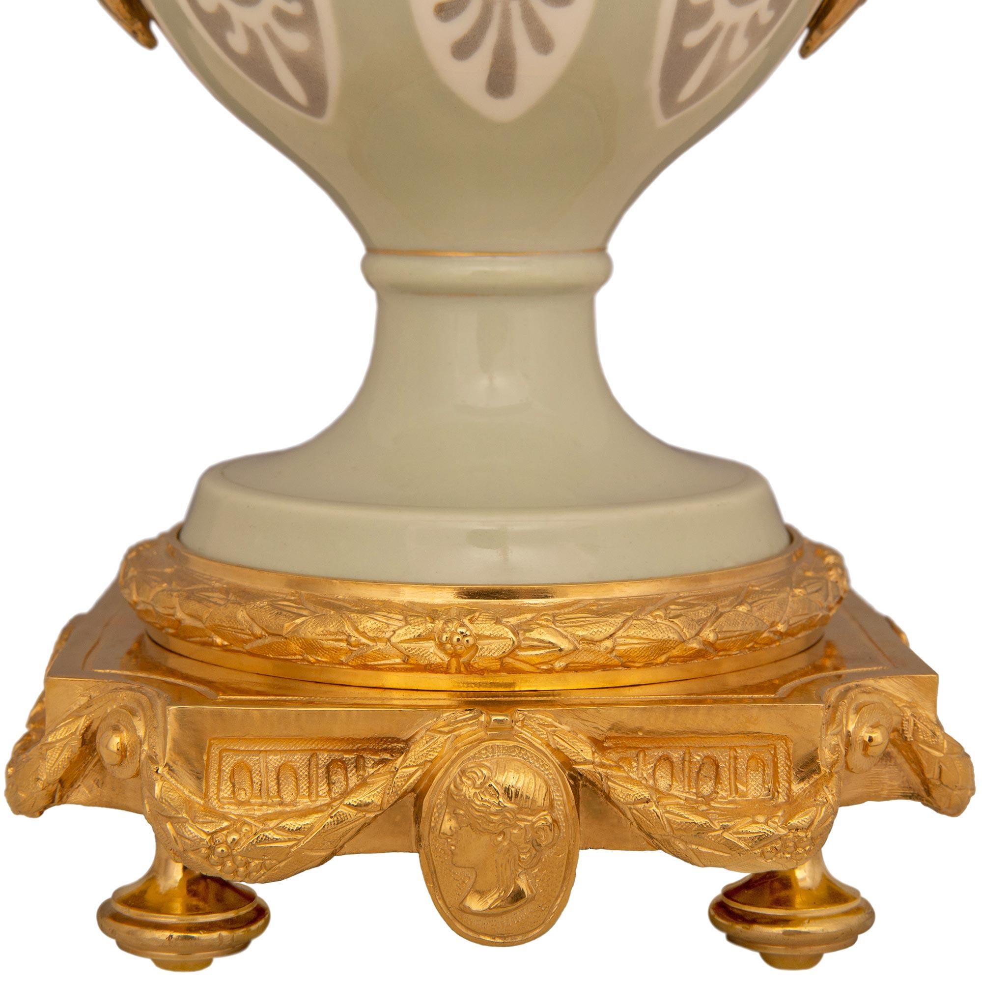 True Pair Of French 19th Century Neo-Classical St. Celadon And Ormolu Lamps For Sale 4