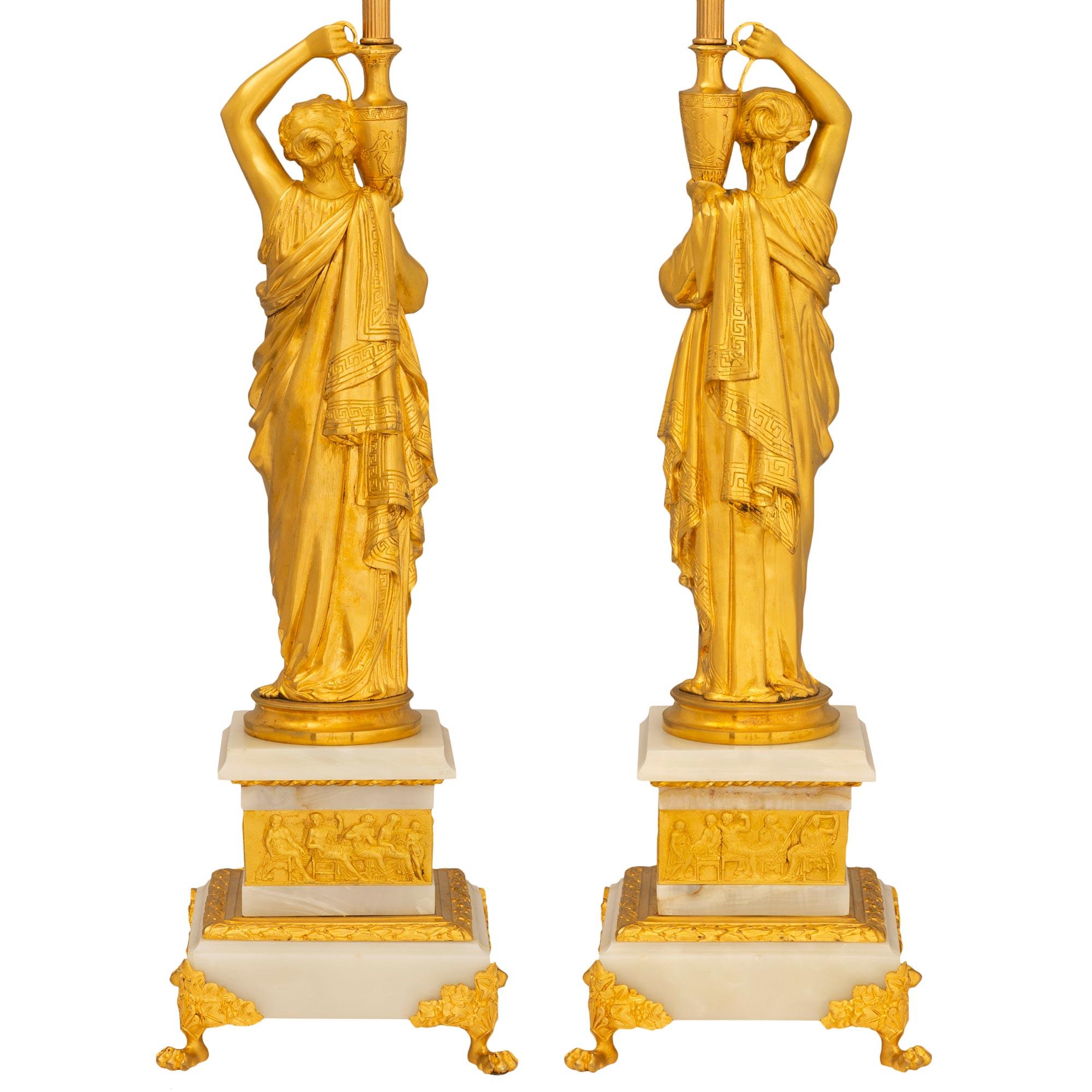 True Pair of French 19th Century Neo-Classical St. Ormolu and Onyx Lamps For Sale 7