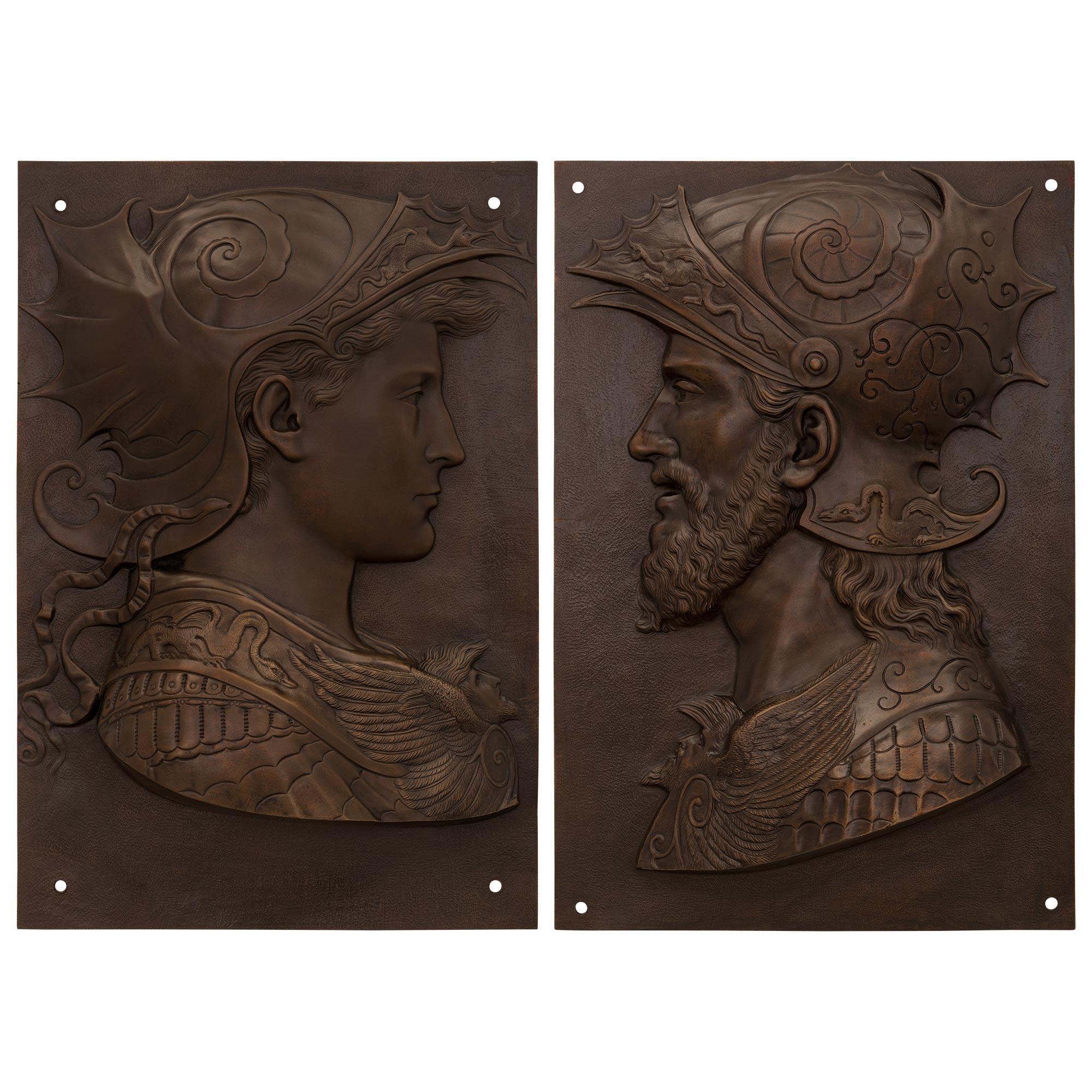 True Pair of French 19th Century Patinated Bronze Decorative Wall Plaques For Sale 6