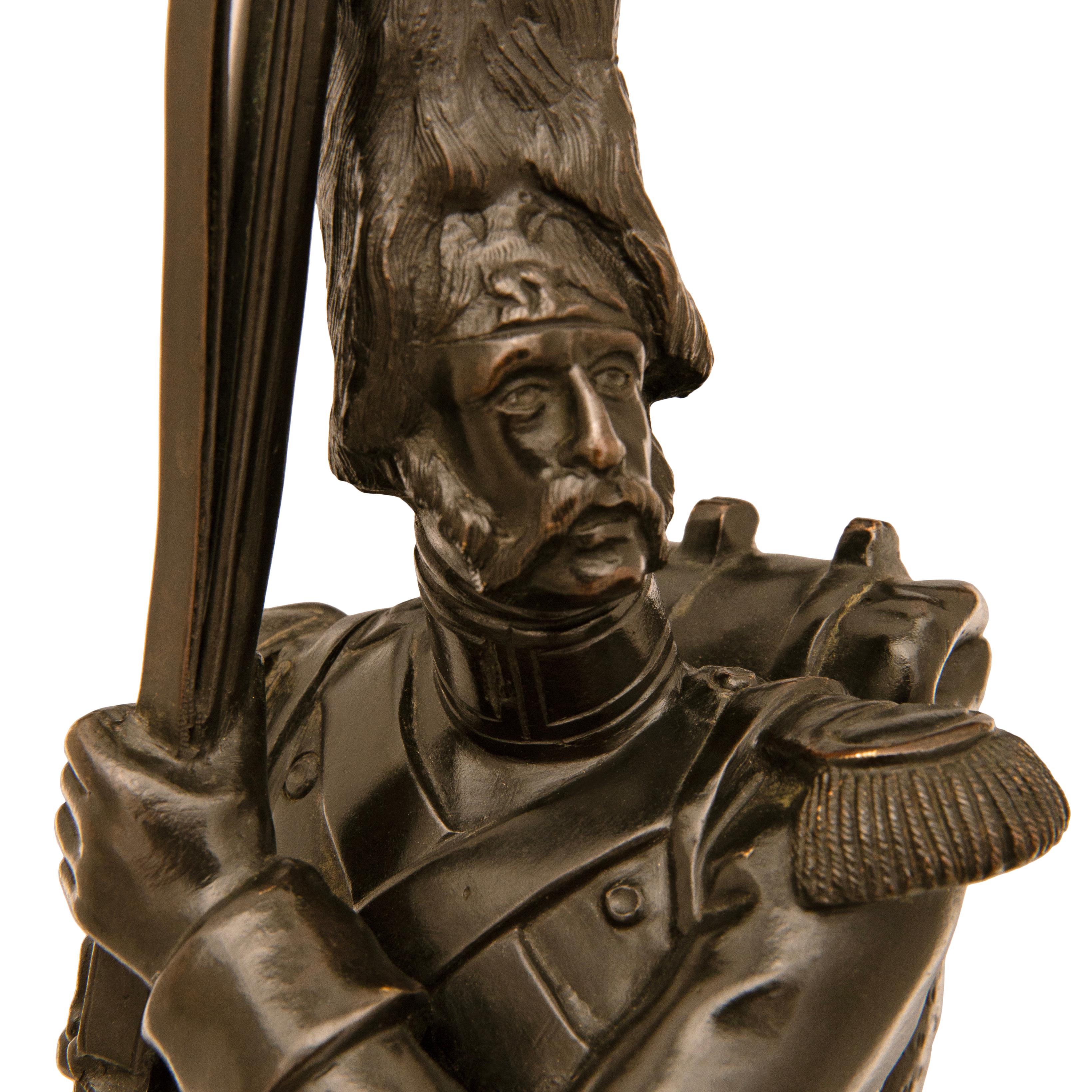true pair of French 19th century patinated Bronze marble statues of Grenadier For Sale 4