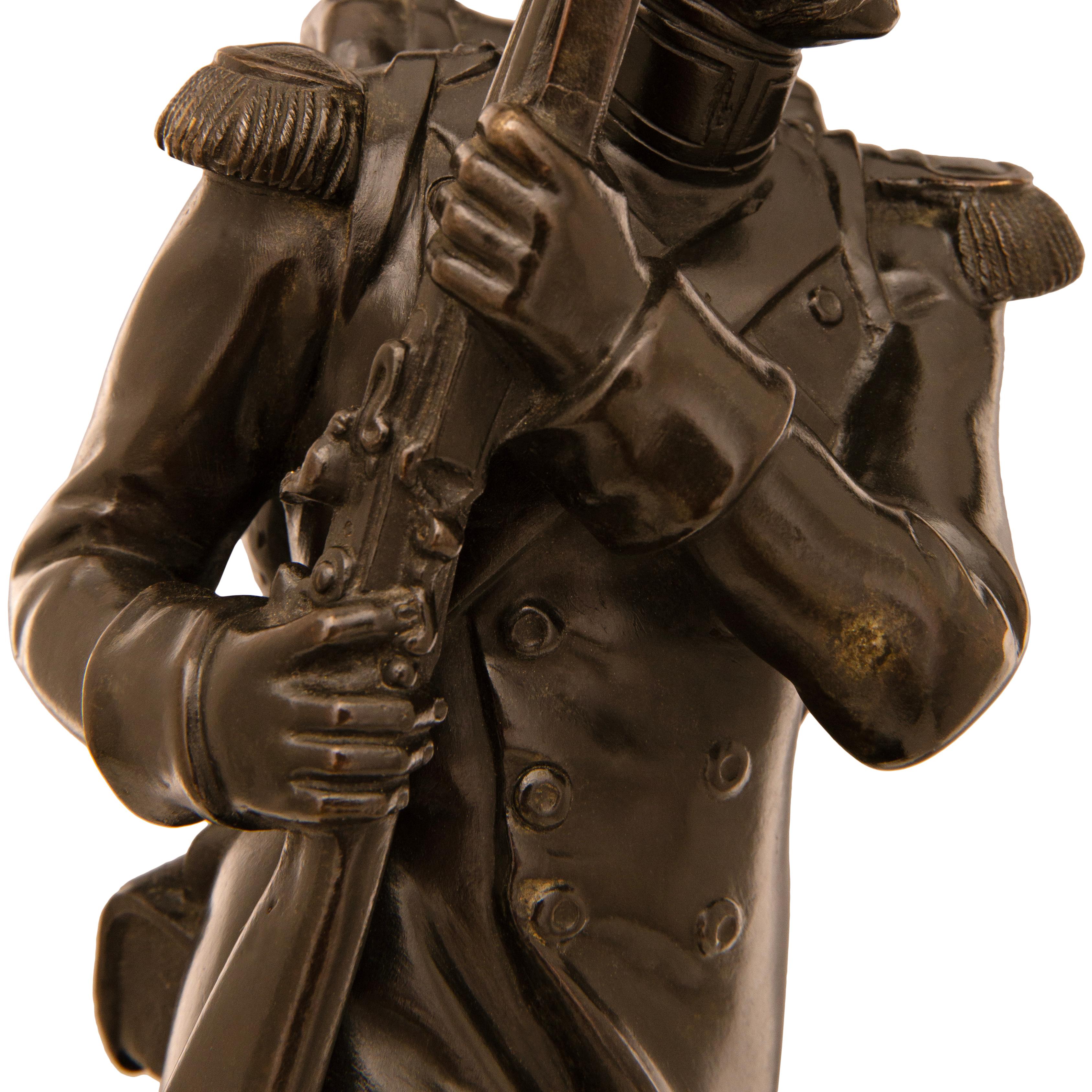 true pair of French 19th century patinated Bronze marble statues of Grenadier For Sale 6