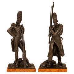 Antique true pair of French 19th century patinated Bronze marble statues of Grenadier