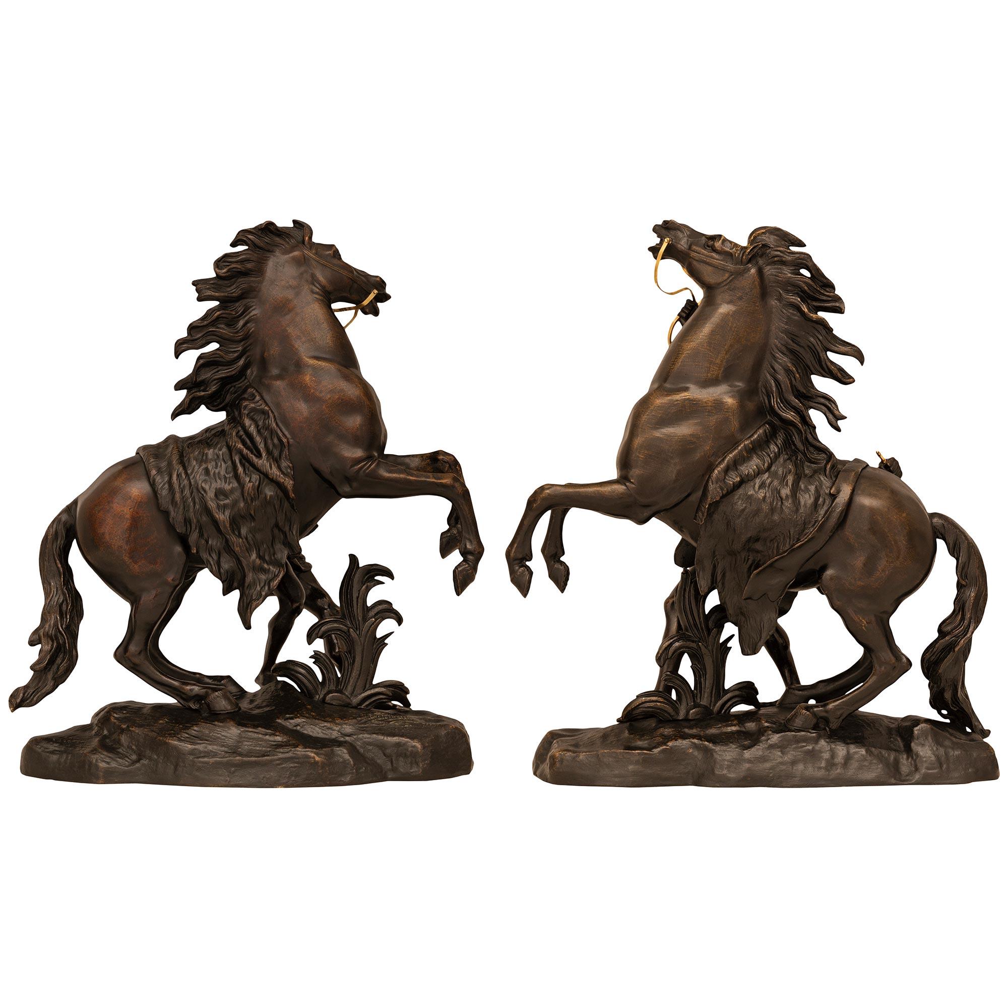True Pair Of French 19th Century Patinated Bronze Marly Horse Statues For Sale 7