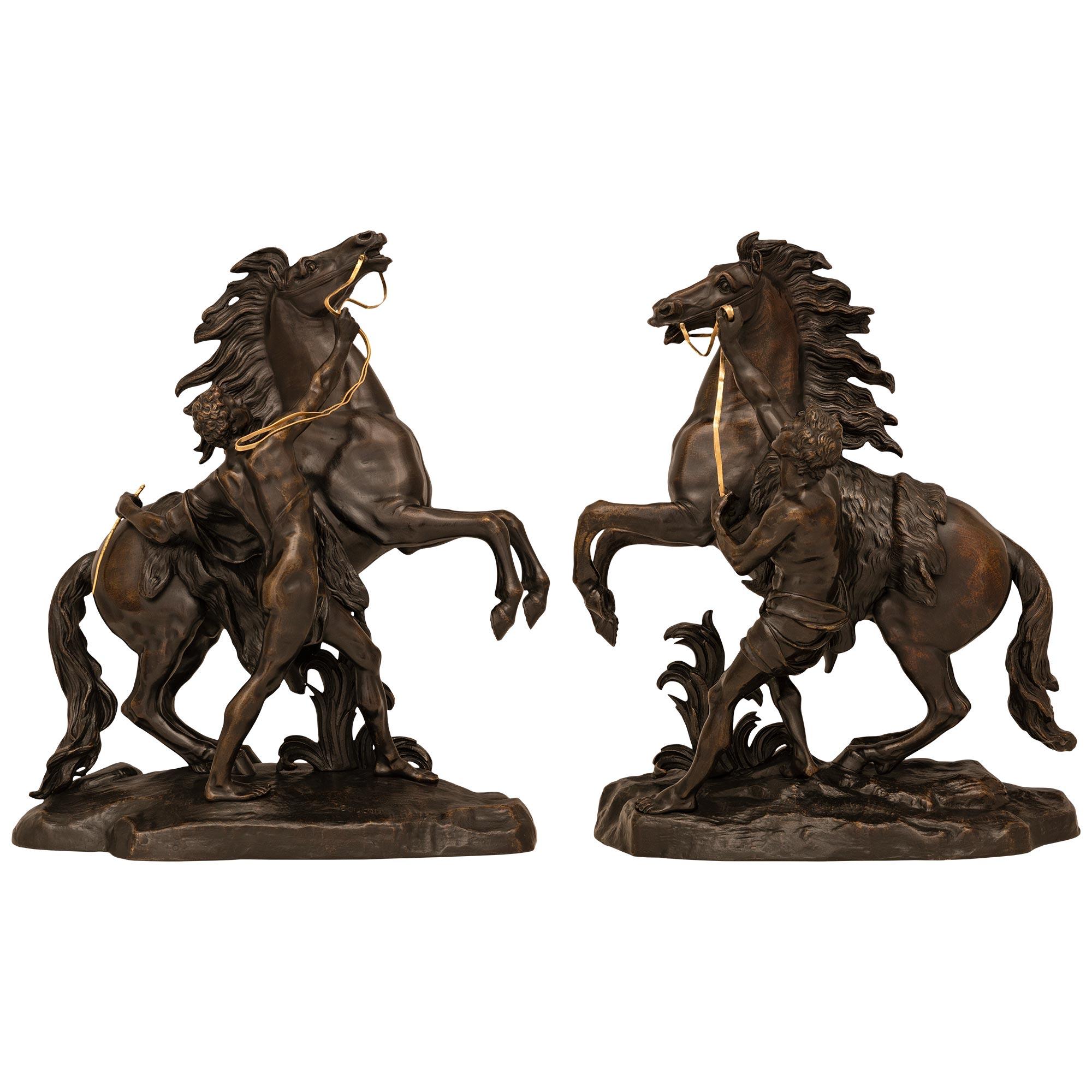 True Pair Of French 19th Century Patinated Bronze Marly Horse Statues For Sale 8