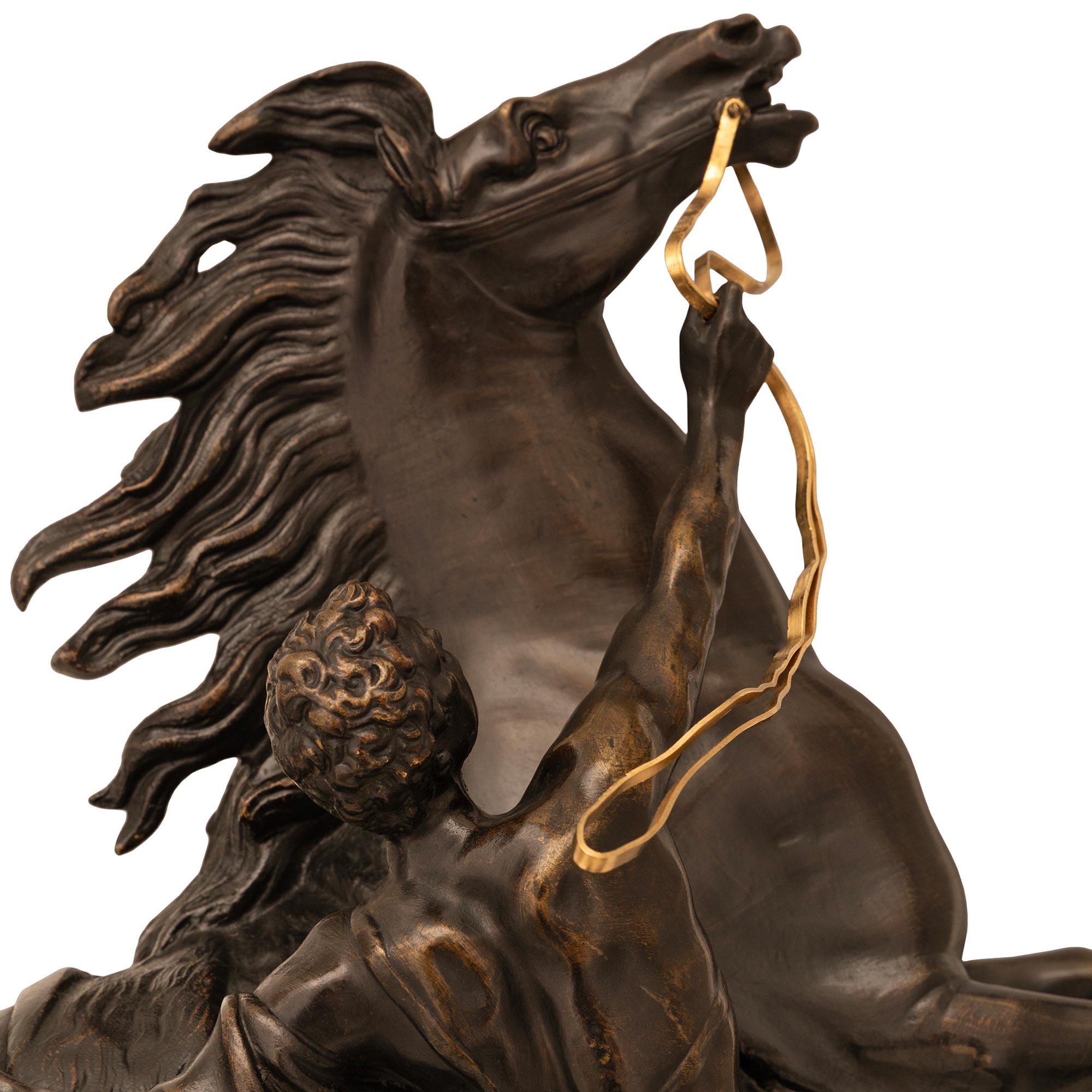 True Pair Of French 19th Century Patinated Bronze Marly Horse Statues For Sale 3