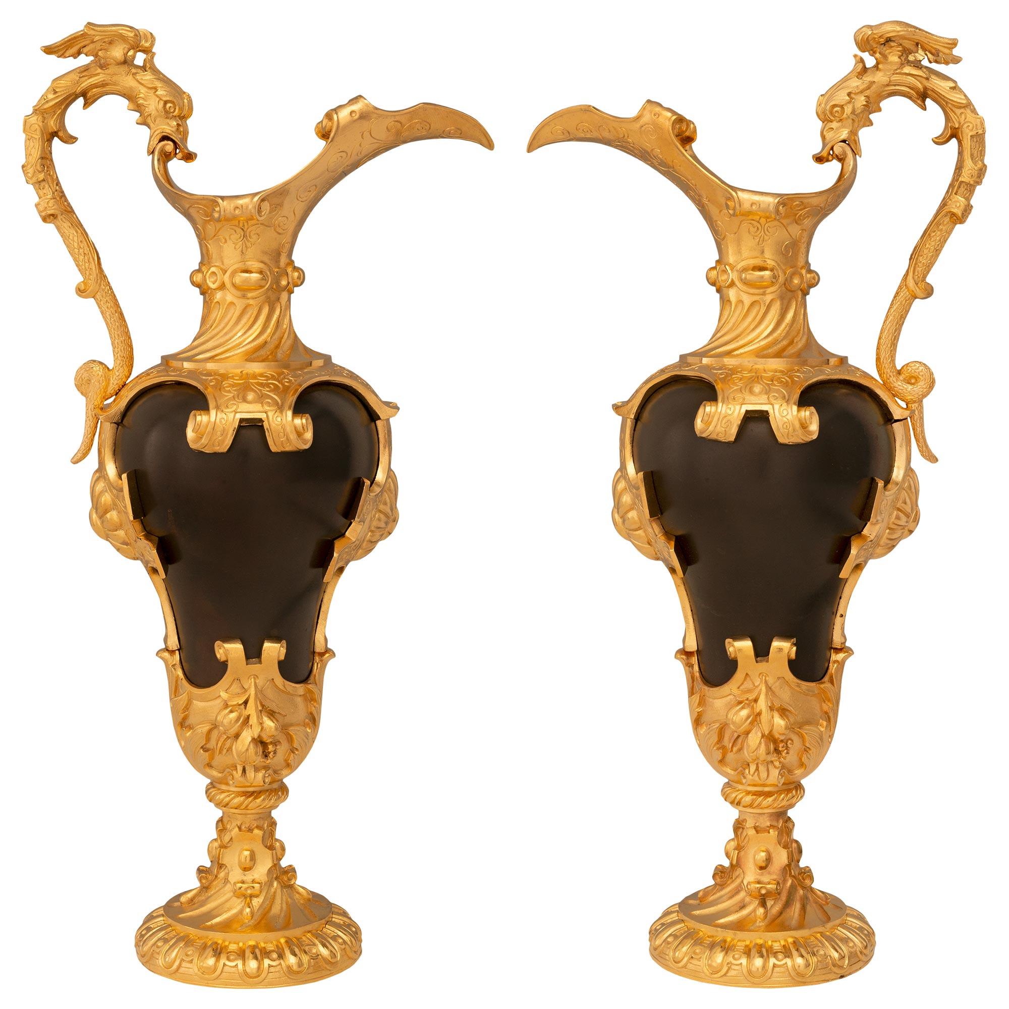 True Pair of French 19th Century Renaissance St. Bronze & Ormolu Ewers For Sale 6