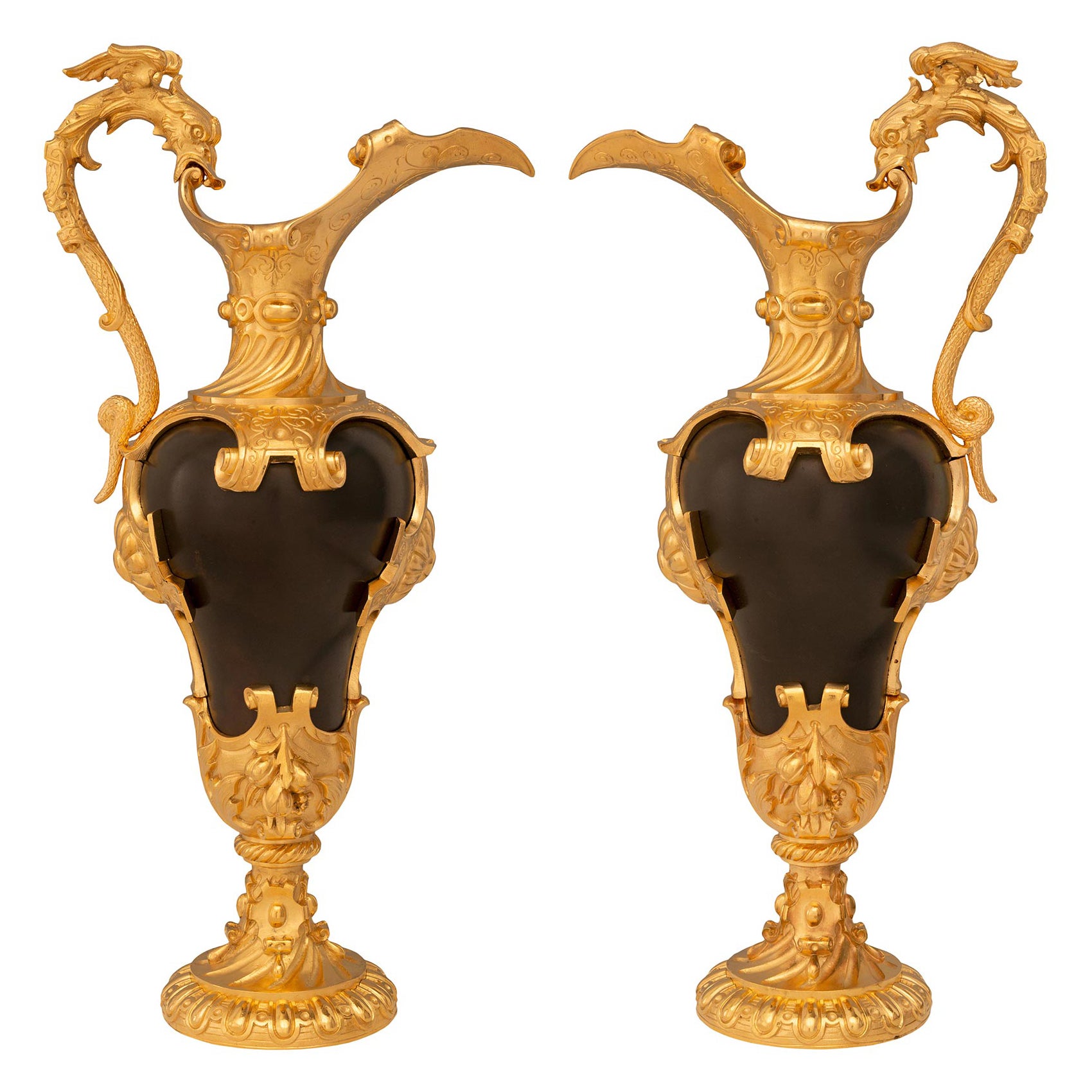 True Pair of French 19th Century Renaissance St. Bronze & Ormolu Ewers
