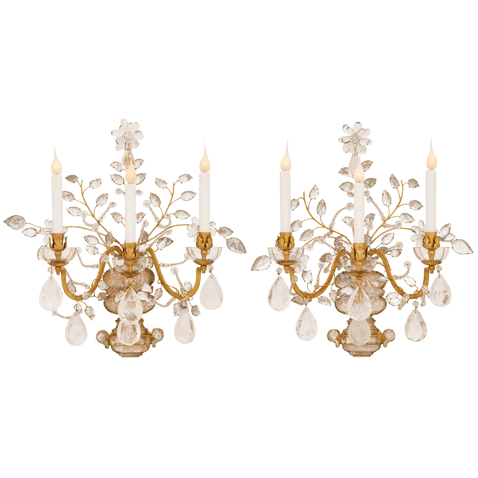 True Pair Of French 20th c. Louis XVI St. Crystal & Rock Crystal Sconces
